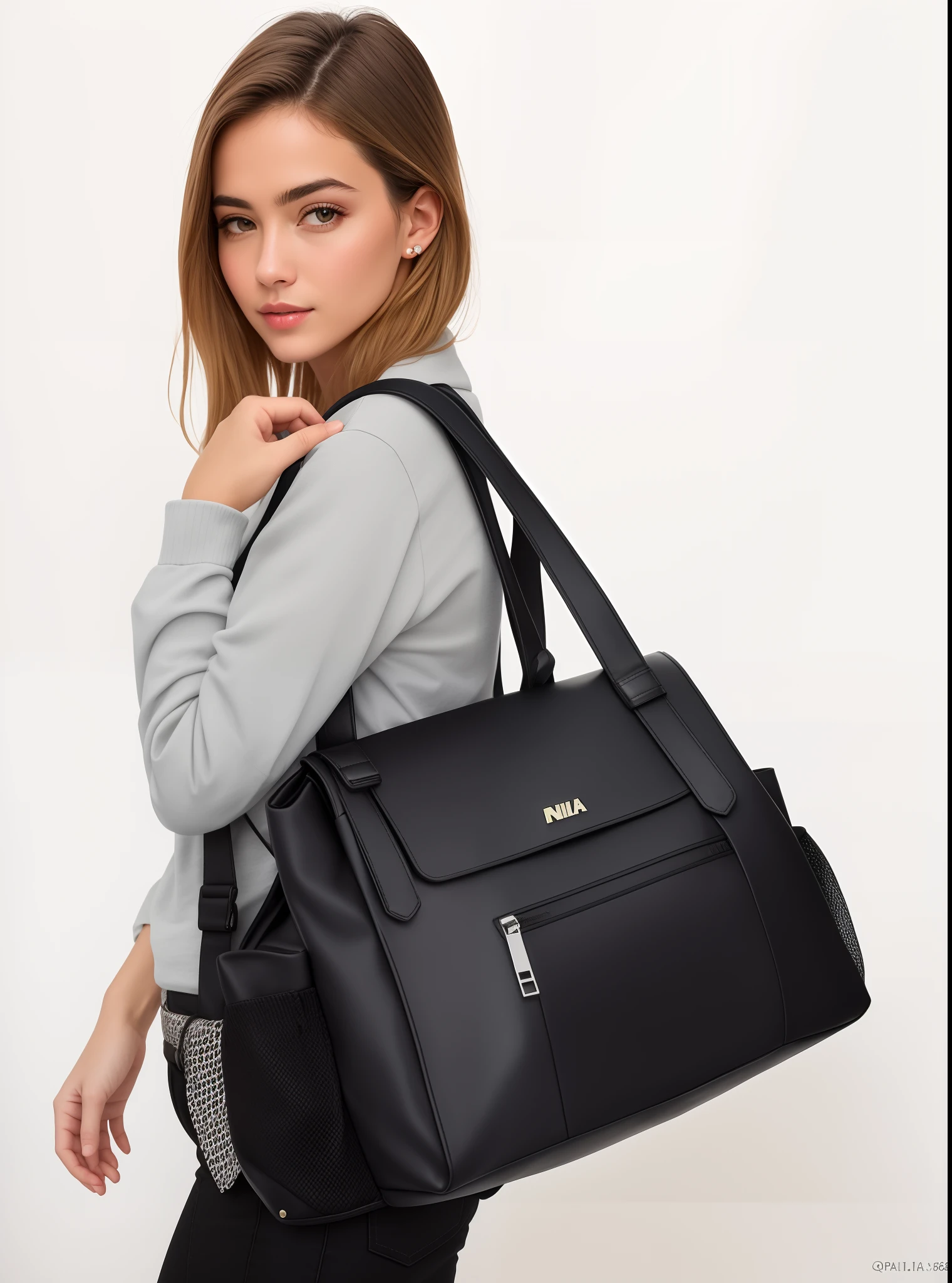 a woman carrying a black backpack with a zipper, Sacos, cheio de detalhes, vivid detail, cheio de detalhes, feature, com muitos detalhes, Foco em corpo inteiro, summer night, Detalhes intensos, imagem no centro, cheio de coisas, saco, Requintadamente detalhado, Noite ao entardecer, Detalhe requintado, medium closeup shot, F / 2 0, fotografia realista, fotografia, obra-prima, realista, Realismo, renderizado, Alto contraste, Arte Digital, fotográficorealista, trend in Artstation 8k HD, high definiton, circunstanciado, Realistic, detalhada, textura da pele, hiperdetalhada, Textura realista da pele, melhor qualidade, ultra high-resolution, (fotografia realista: 1.4), alta resolução, detalhada, fotografia crua, Crisp resolution, Nikon d850 filme, fotografia de stock 4, Kodak Portra 400 Camera F1 Lens.6, textura hiper realista, lighting dramatic, Unrealistic trend in Artstation Cinestill 800, RAW.