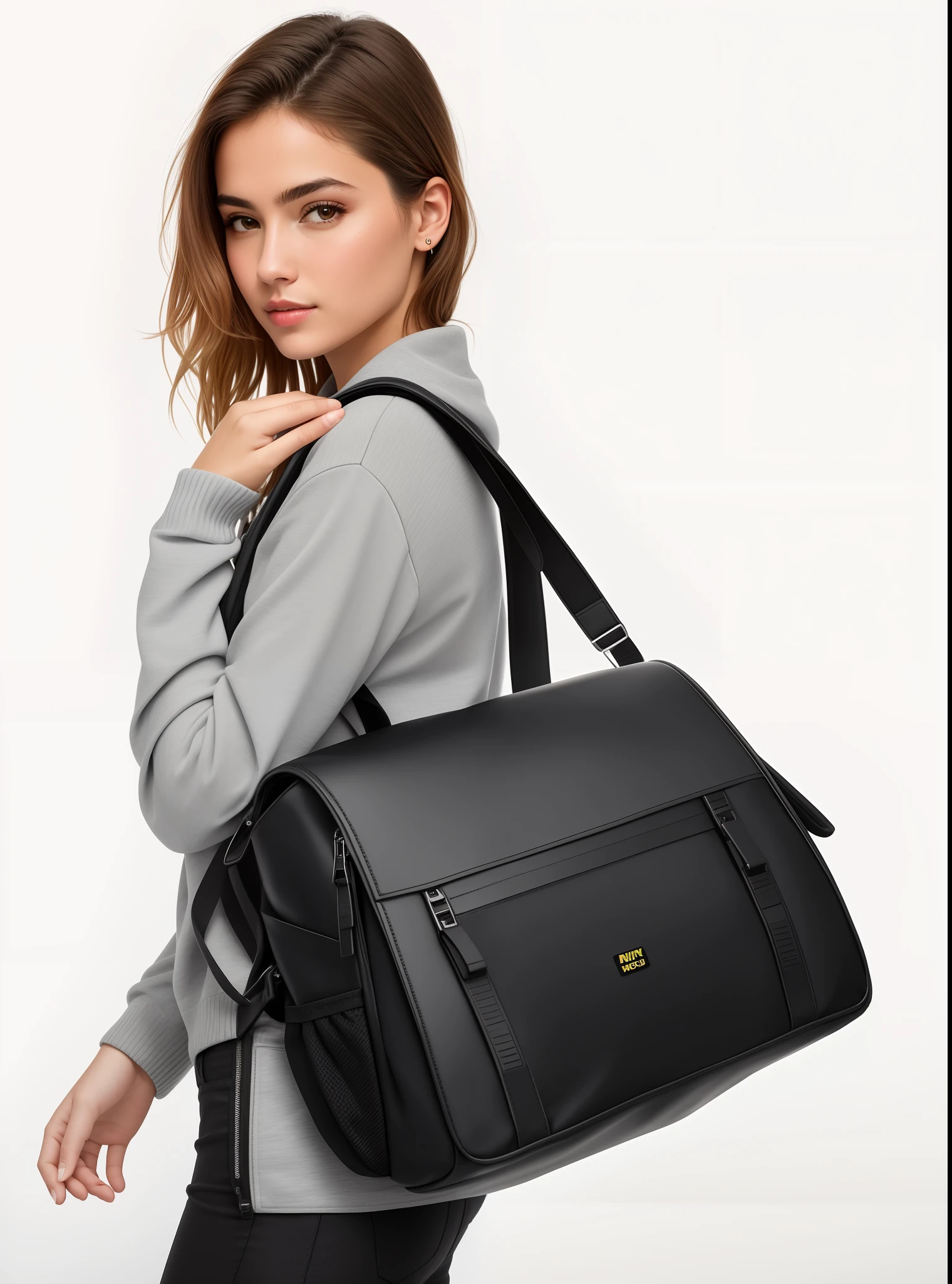 a woman carrying a black backpack with a zipper, Sacos, cheio de detalhes, vivid detail, cheio de detalhes, feature, com muitos detalhes, Foco em corpo inteiro, summer night, Detalhes intensos, imagem no centro, cheio de coisas, saco, Requintadamente detalhado, Noite ao entardecer, Detalhe requintado, medium closeup shot, F / 2 0, fotografia realista, fotografia, obra-prima, realista, Realismo, renderizado, Alto contraste, Arte Digital, fotográficorealista, trend in Artstation 8k HD, high definiton, circunstanciado, Realistic, detalhada, textura da pele, hiperdetalhada, Textura realista da pele, melhor qualidade, ultra high-resolution, (fotografia realista: 1.4), alta resolução, detalhada, fotografia crua, Crisp resolution, Nikon d850 filme, fotografia de stock 4, Kodak Portra 400 Camera F1 Lens.6, textura hiper realista, lighting dramatic, Unrealistic trend in Artstation Cinestill 800, RAW.