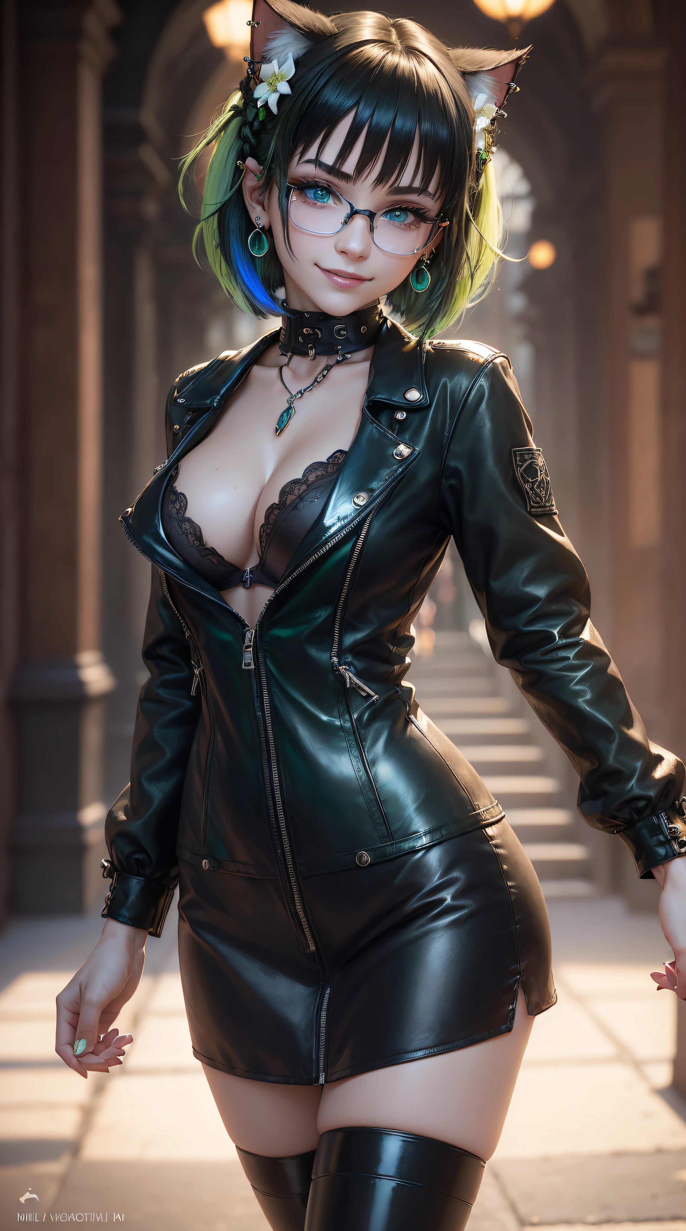 BLACKLIGHT, ((NSFW)), realistic art, extremely delicate and beautiful, ultra-detailed, (1girl), blue eyes, floating, detailed light, illustration, dynamic angle, depth of field, ((((milf)))), girly, long hair, ((green and black hair, multicoloured hair, green highlights hair, twin tails, hair ornament, hair flower, flower, makeup, braid, smile)), vampire eyes, showing fangs, pale white skin, (((best quality, 1girl, (skindentation), (blur background:0.6), City background, (casual yet stylish, elegant cloth, glasses, Cat ears, Cat tail, Cat eyes, blue jeans, Black leather jacket, Black latex bra, goth boots), gorgeous, (short hair:1.5), soft lighting, wind, (front light:1.5), surprised, choker, smile, jewelry, earrings))), (ultra high res, best quality,), (8k, raw photo, best quality, masterpiece), technological sense, best quality, masterpiece, illustration,CG ,unity ,wallpaper, official art, Amazing, finely detail, an extremely delicate and beautiful,extremely detailed, highly detailed, sharp focus,rich background, (real person,photograph), ((high detailed skin)),