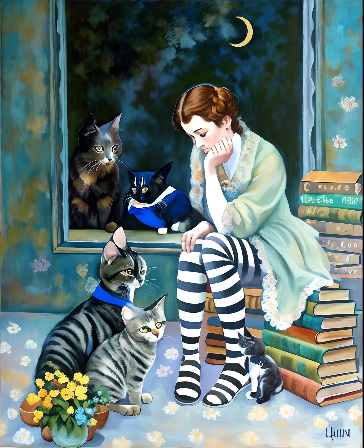 Painting of a woman sitting in a stack of books with a dog and a cat, oil painting of cat witch, magic realism painting, inspirado em Rafal Olbinski, inspirado em Judith Leyster, Directed by: Yvonne Jacquette, Directed by: Olga Boznańska, inspirado em Alison Kinnaird, inspirado em Ruth Sanderson, Directed by: Zsuzsa Máthé