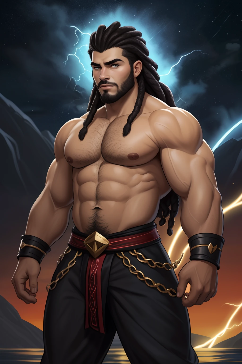 , Moreno, de cabelo afro cabelo caindo para frente, Rasta type but braided,tiro de corpo inteiro, Olhos firmes, olhando para frente, Lightning in the sky, arms extended, olhando para frente, parado no topo um homem com uma roupa preta em frente a uma cachoeira, personagem de fantasia complexa, personagem de fantasia hiperdetalhado, Skinny Masculino Fantasia Alquimista, guerreiro masculino, um elfo macho, personagem de fantasia digital, masculino bonito, arte do personagem masculino humano, personagem de fantasia, personagem masculino, retrato masculino da fantasia, conceito de personagem de fantasia heroica, trending in the artstation, Amazing 8K full-body shot character concept art, olhos firmes, olhando para frente, lightning in the sky, arms extended, olhando para frente, parado no topo de uma montanha, manto e capa vermelhos, cruz brilhante no ar. ,arte de luz neon, No escuro da noite, Um navio alto navega pelos mares iluminados pela ,lua, Estrelas, colorido, circunstan