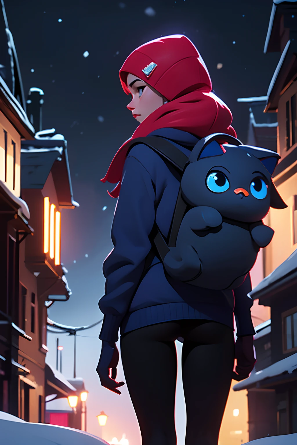 4k master piece, high detail, night time, dark, back view, exterior, a red haired girl with blue eyes, wearing a dark blue sweater and beanie, with black tights and wearing a cute cat backpack, walking through an empty snowy old village at night, looking back dark, scary, foggy and snowing, dynamic framing, dramatic pose