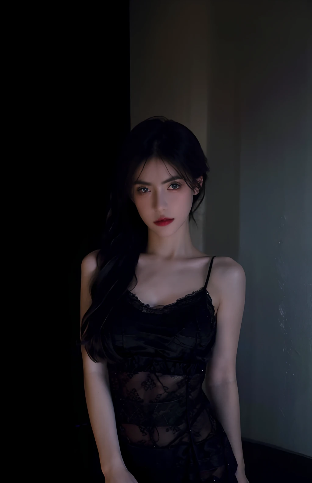 (best quality,4k,8k,highres,masterpiece:1.2),ultra-detailed,(photorealistic:1.37),raw photo,1girl,((black lace nightgown)),((small breast)),cold light,portrait,sharp focus,vivid colors,studio lighting