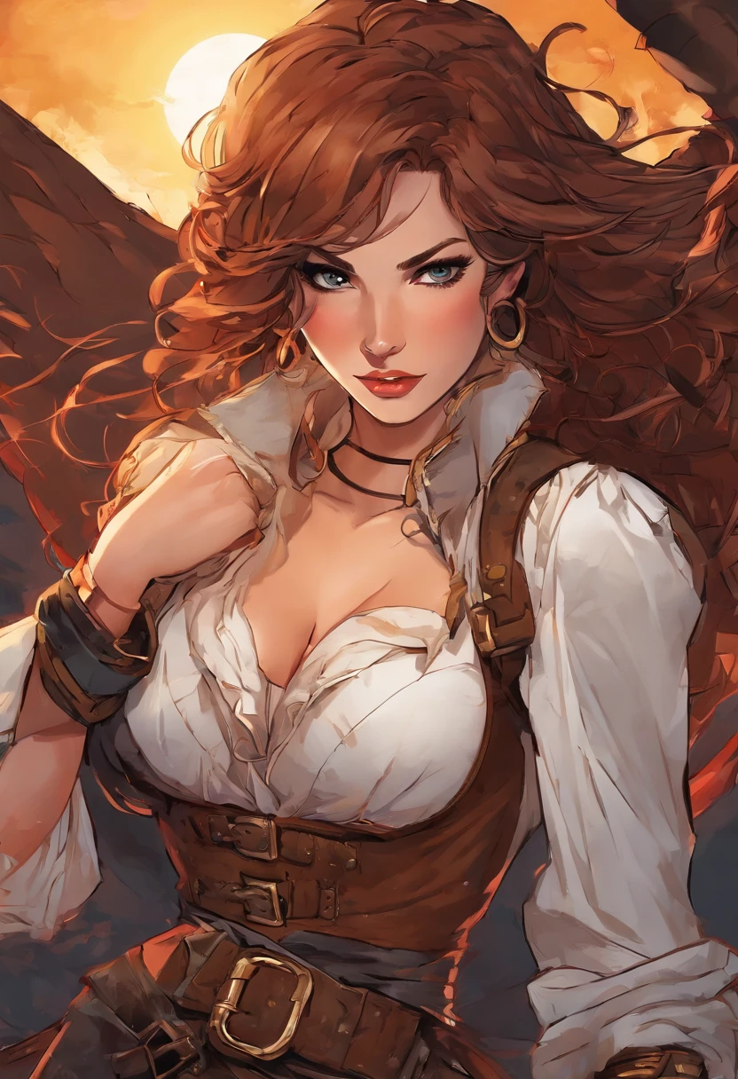 Woman with fox features, you can see her nine tails, she has nine tails, with nine tails Lucy Pinder, face portrait, portrait, smiling, (Selena Gomez), ((very intense makeup)), voluptuous, cleavage, lace, ( (singing)) brown hair, long hair, white blouse, red jacket, black plaid skirt, Hilary Duff, the background must be a river of fire, the silhouette of the fox is surrounded by flames, showing the majestic fur of the fox, the image must be realistic. To add contrast to the image, she should have a unique charm, with nine tails.