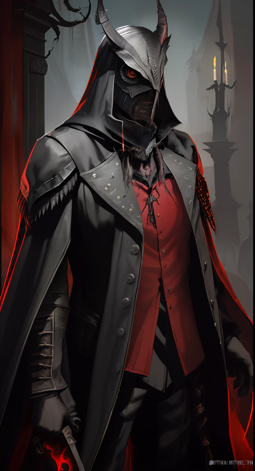 there is a man in a horned mask standing in front of a man, nite - owl, owl wizard, from vermintide 2 video game, owl wearing black biker jacket, owl mask, thief red riding hood, trending on artstation.', owlbear, more details, wearing cultist red robe, unreal engine character art, portrait of a bloodborne hunter