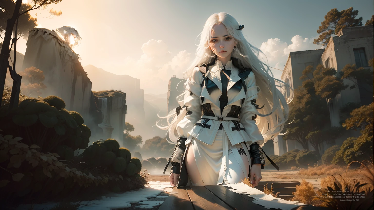 c.c., Expressionless, , (Masterpiece, Best quality, Ultra-detailed, Best shadow, voluminetric lighting), (Beautiful detailed face, Beautiful detailed eyes), (Best illumination),, Orange eyes, Very long hair, (white straitjacket:1.4), Black belt, , (Cowboy shot:1.3), Intense angle,, MKSKS style, Beautiful background, Professional lighting, Landscape in warm colors,