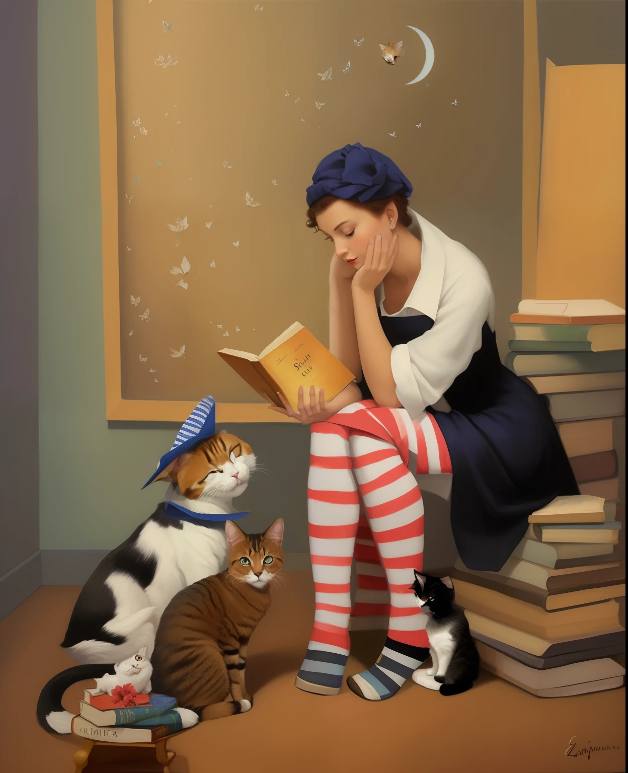Painting of a woman sitting in a stack of books with a dog and a cat, oil painting of cat witch, inspirado em Rafal Olbinski, magic realism painting, inspirado em Judith Leyster, Directed by: Yvonne Jacquette, Directed by: Olga Boznańska, inspirado em Alison Kinnaird, inspirado em Ruth Sanderson, Directed by: Zsuzsa Máthé