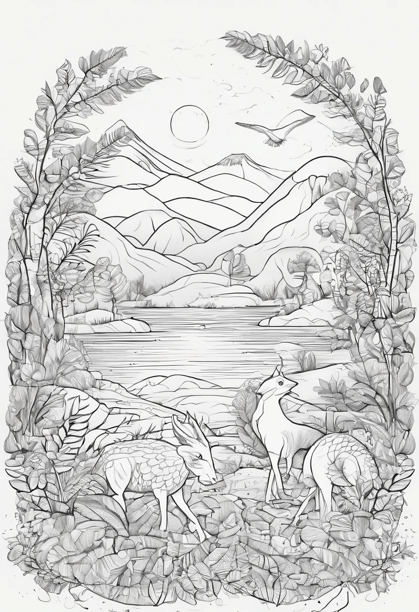 Imagine coloring page, sem cor, tiranossauro rex em uma selva, estilo desenho animado, preto e branco, detalhes baixos, sem sombreamento, sem cor