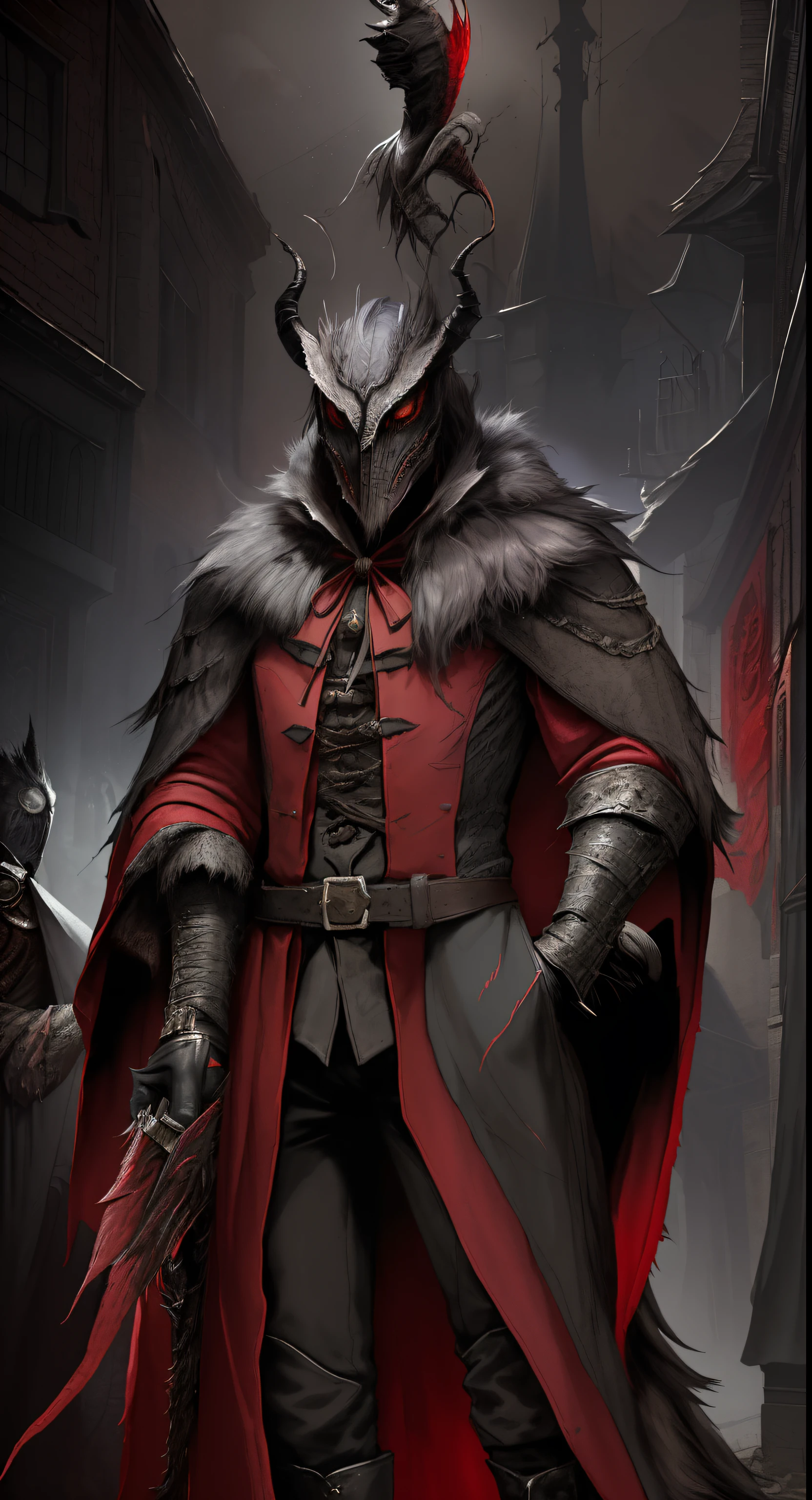 there is a man in a horned mask standing in front of a man, nite - owl, owl wizard, from vermintide 2 video game, owl wearing black biker jacket, owl mask, thief red riding hood, trending on artstation.', owlbear, more details, wearing cultist red robe, unreal engine character art, portrait of a bloodborne hunter