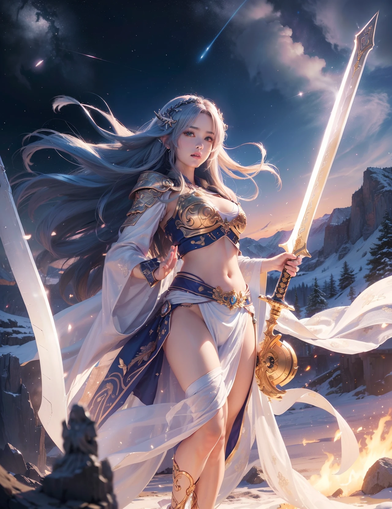 (((nffsw))), (((masutepiece))), (((8K))), (((hight resolution))), (((Photorealistic))), (((FULL BODYSHOT))), F/4.0, canon, Beautiful Goddess of the Legendary Sword, Beautiful face, Beautiful eyes, Detailed face, Mountains around star particles, Grainy lobes