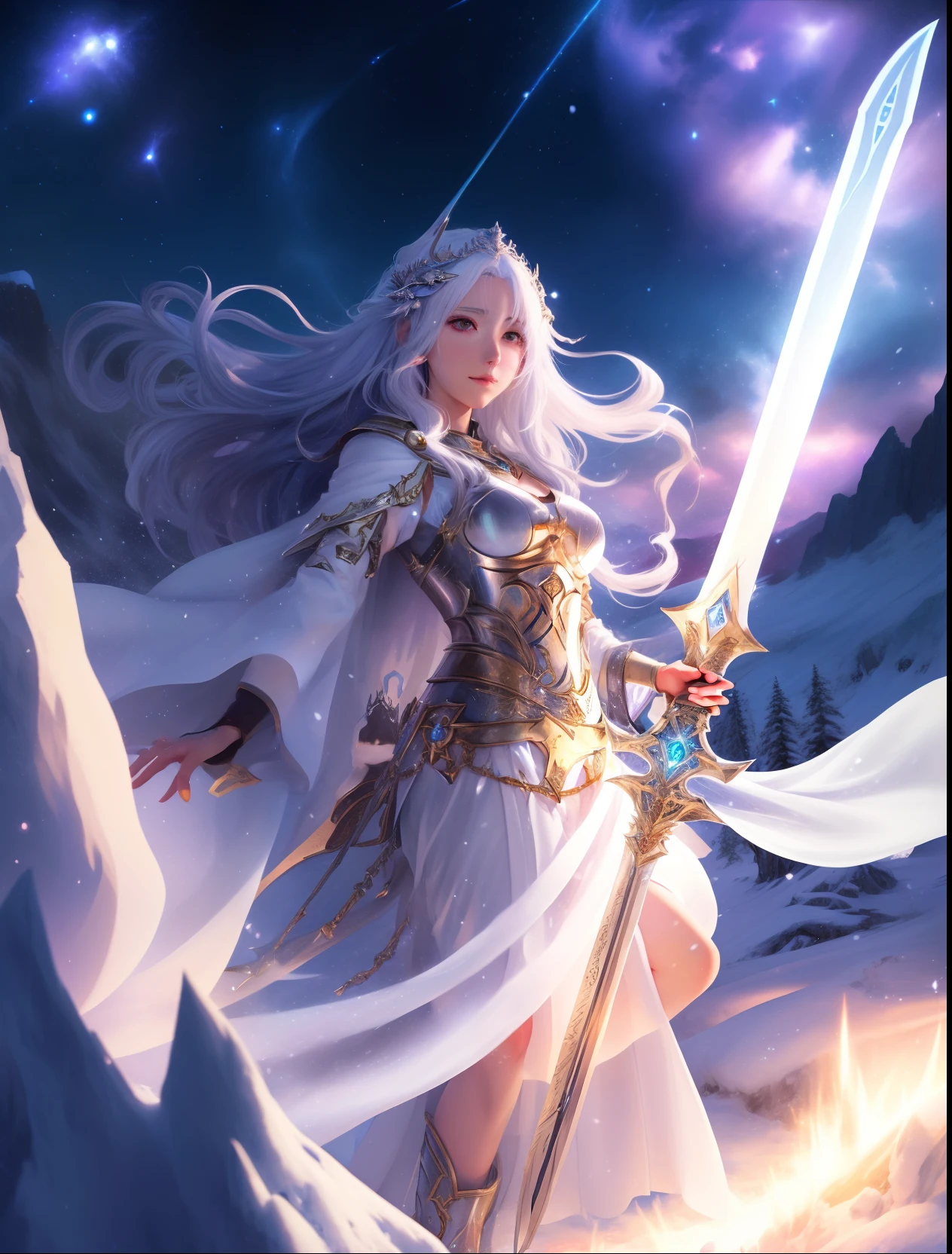 a woman in a white dress holding a sword in a snowy area, anime fantasy artwork, 2. 5 d cgi anime fantasy artwork, anime fantasy illustration, epic fantasy art style hd, fantasy art style, detailed fantasy art, portrait knights of zodiac girl, high quality fantasy art, epic fantasy art style, beautiful fantasy anime, knights of zodiac girl, warrior of light