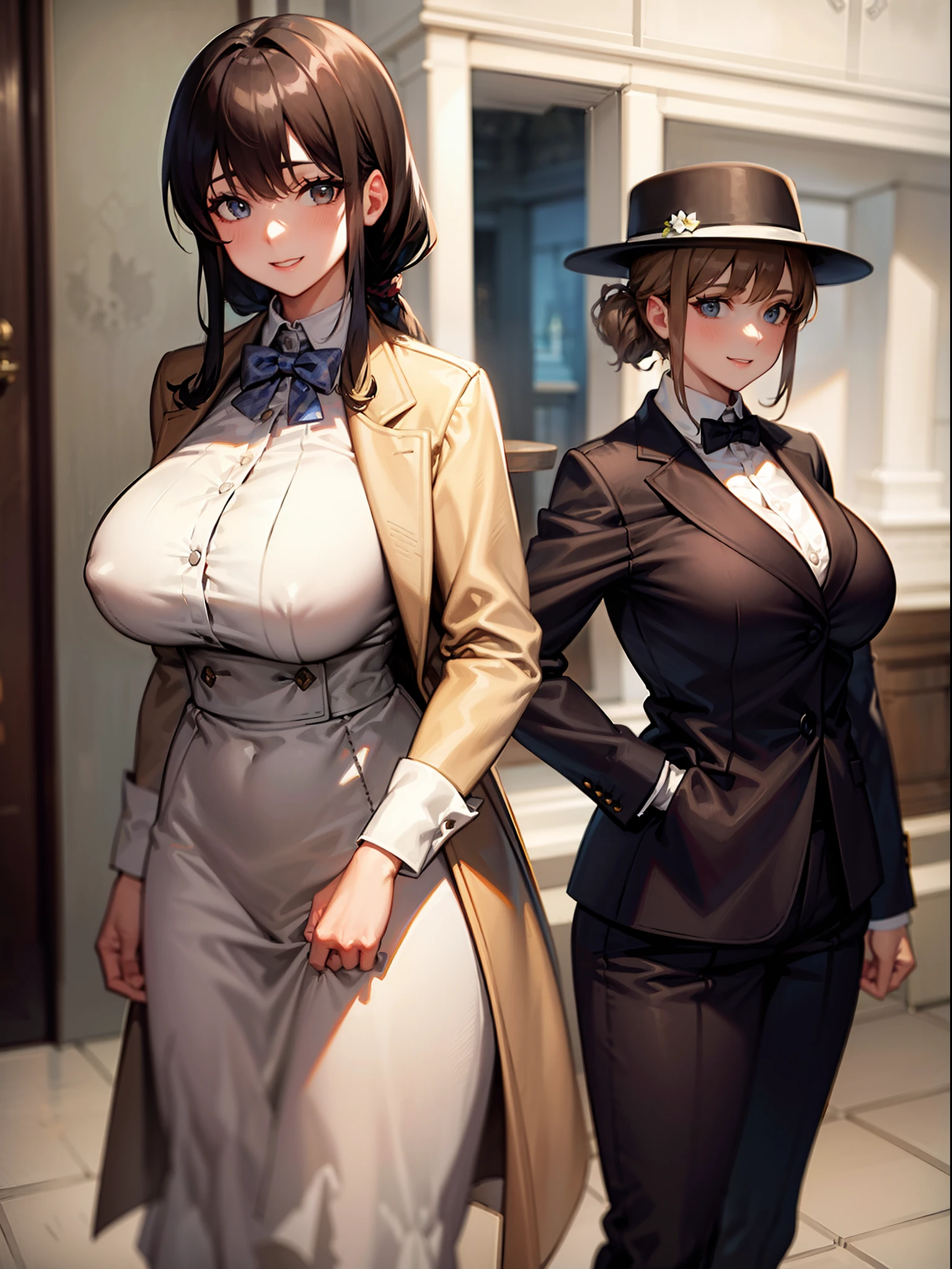 sherlock holmes & watson,
huge huge huge huge huge huge busty 2 girls assemble,
sherlock holmes girl brown glen check frock coat,
side standing watson girl white formal suits,
detective,
gently,
elegance,
wind,
smile,
london,
baker street,
british,
real face,
real body,
real background,
((((masterpiece)))), high quality, very_high_resolution, large_filesize, full color,