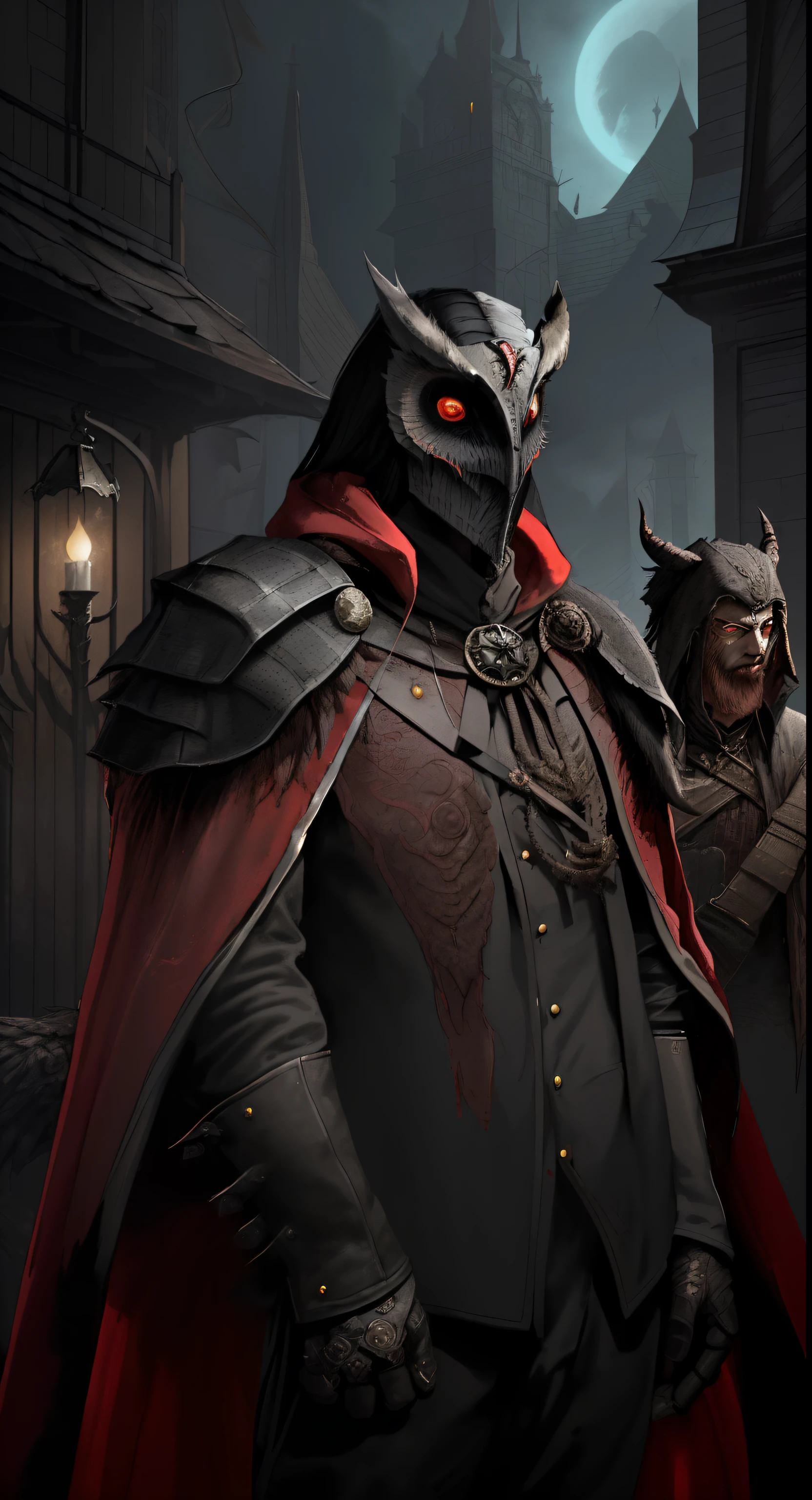 there is a man in a horned mask standing in front of a man, nite - owl, owl wizard, from vermintide 2 video game, owl wearing black biker jacket, owl mask, thief red riding hood, trending on artstation.', owlbear, more details, wearing cultist red robe, unreal engine character art, portrait of a bloodborne hunter
