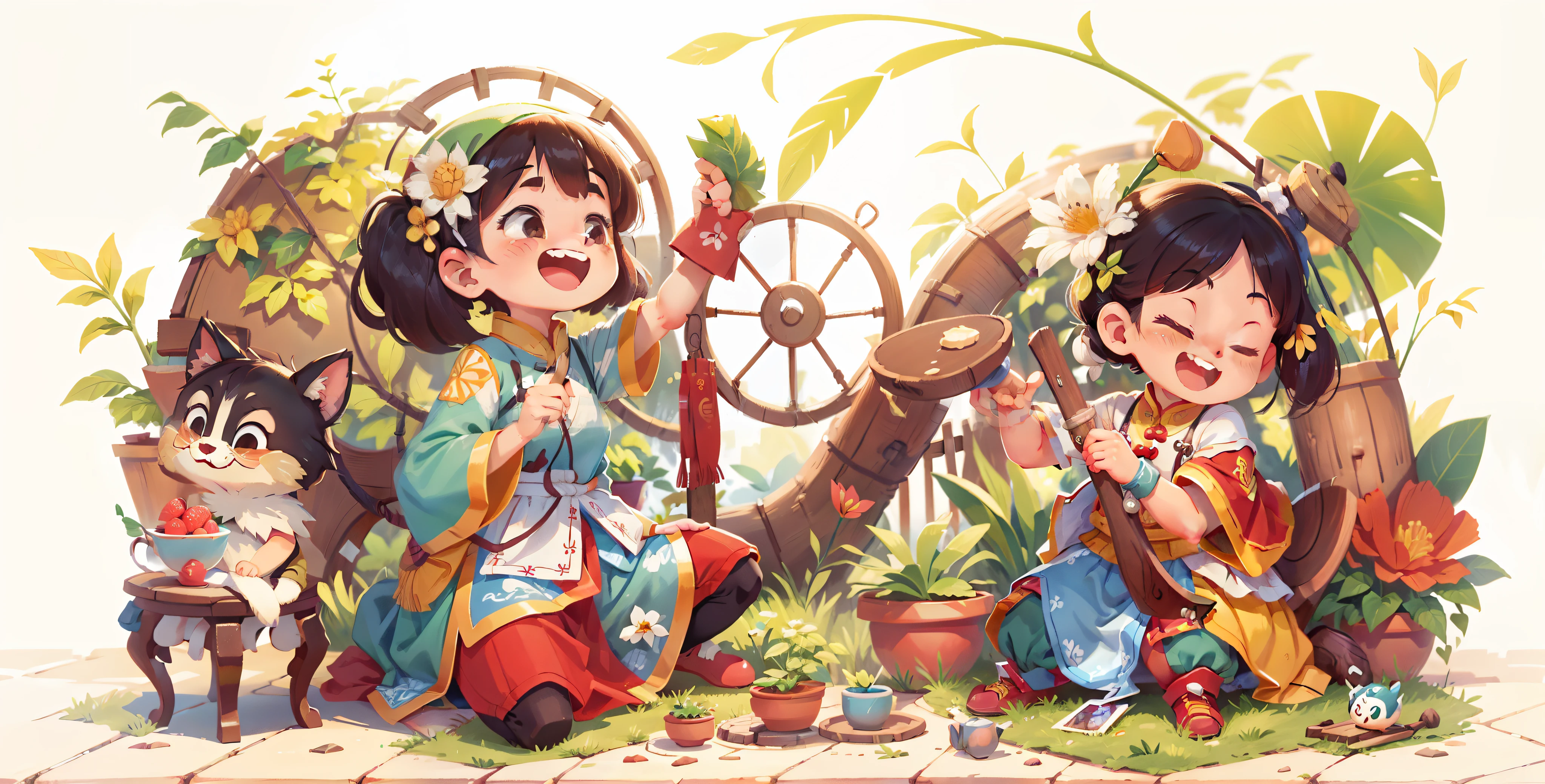 Kizi,quaint,cheerfulness, China-style,trpical garden,Perfect quality,Clear focus, (tmasterpiece:1.2) (realisticlying:1.2) (Bokeh) (best qualtiy) (detailedskin:1.3) (complexdetails) (8K) (detailedeyes) (Sharp focus),(having fun)