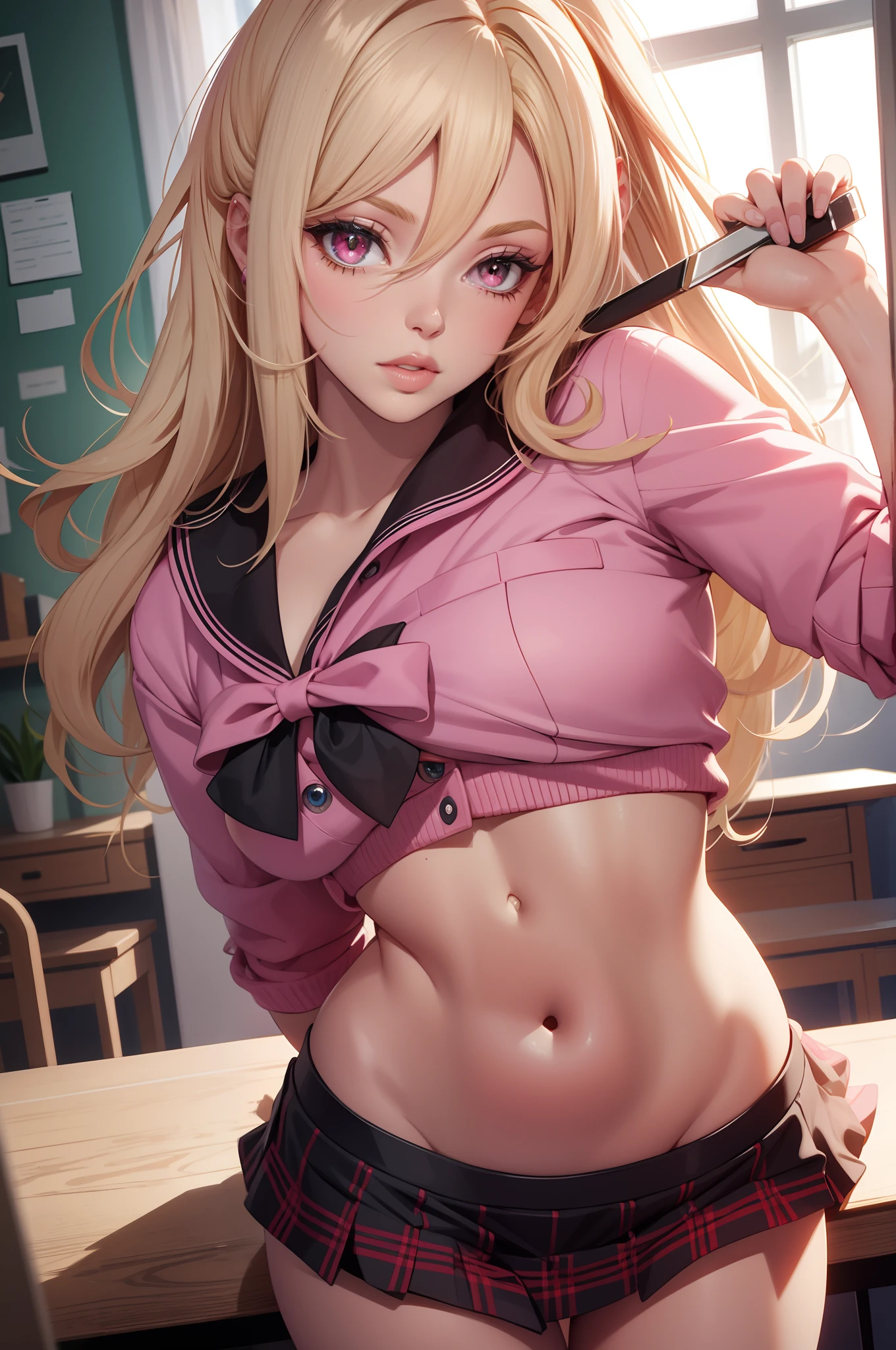bigger lips, full lips, pink eyes, blonde hair