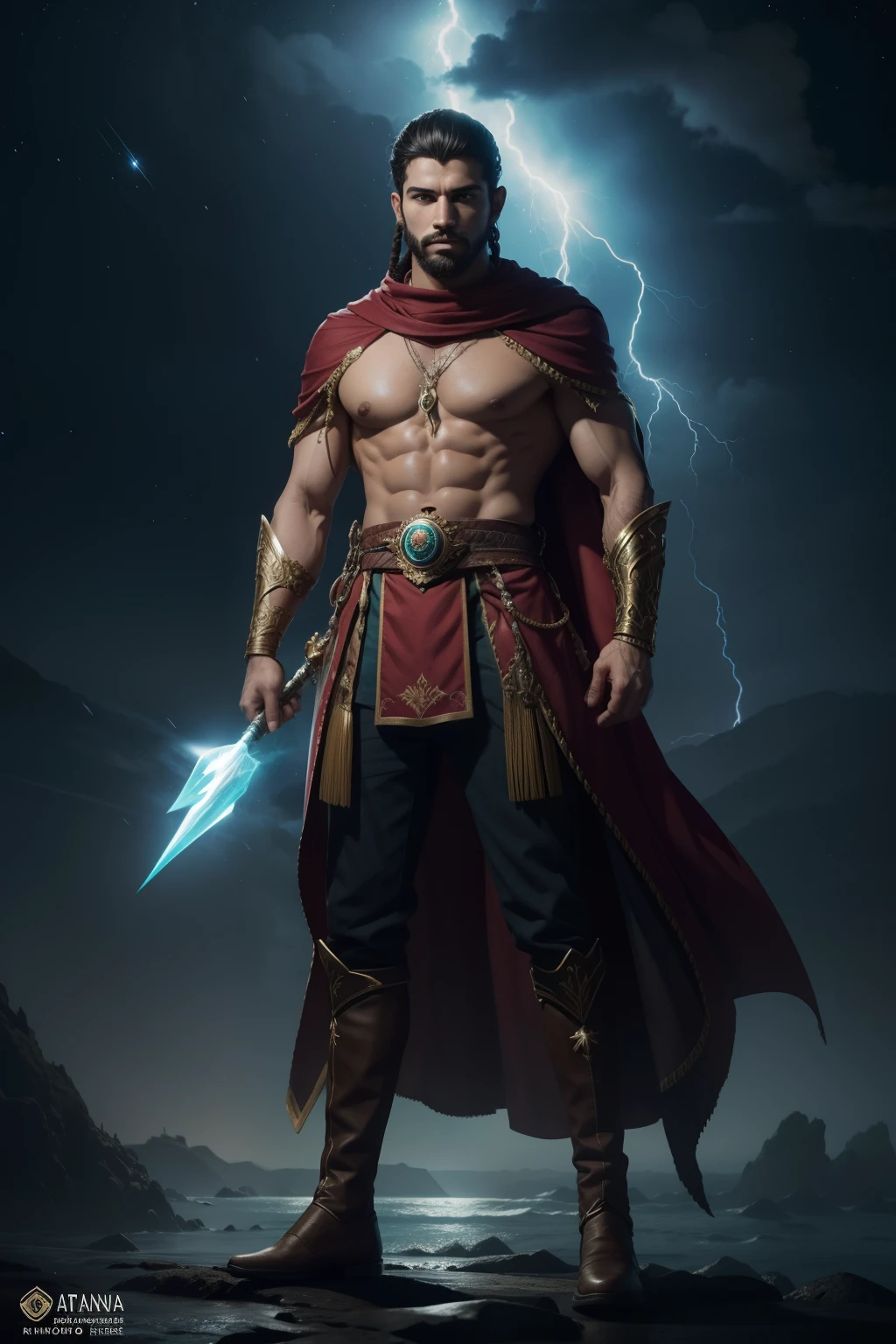 , Moreno, de cabelo afro cabelo caindo para frente, Rasta type but braided,tiro de corpo inteiro, Olhos firmes, olhando para frente, Lightning in the sky, arms extended, olhando para frente, parado no topo   um homem com uma roupa preta em frente a uma cachoeira, personagem de fantasia complexa, personagem de fantasia hiperdetalhado, Skinny Masculino Fantasia Alquimista, guerreiro masculino, um elfo macho, personagem de fantasia digital, masculino bonito, arte do personagem masculino humano, personagem de fantasia, personagem masculino, retrato masculino da fantasia, conceito de personagem de fantasia heroica, trending in the artstation, Amazing 8K full-body shot character concept art, olhos firmes, olhando para frente, lightning in the sky, arms extended, olhando para frente, parado no topo de uma montanha, manto e capa vermelhos, cruz brilhante no ar. ,arte de luz neon, No escuro da noite, Um navio alto navega pelos mares iluminados pela ,lua, Estrelas, colorido, circunstan