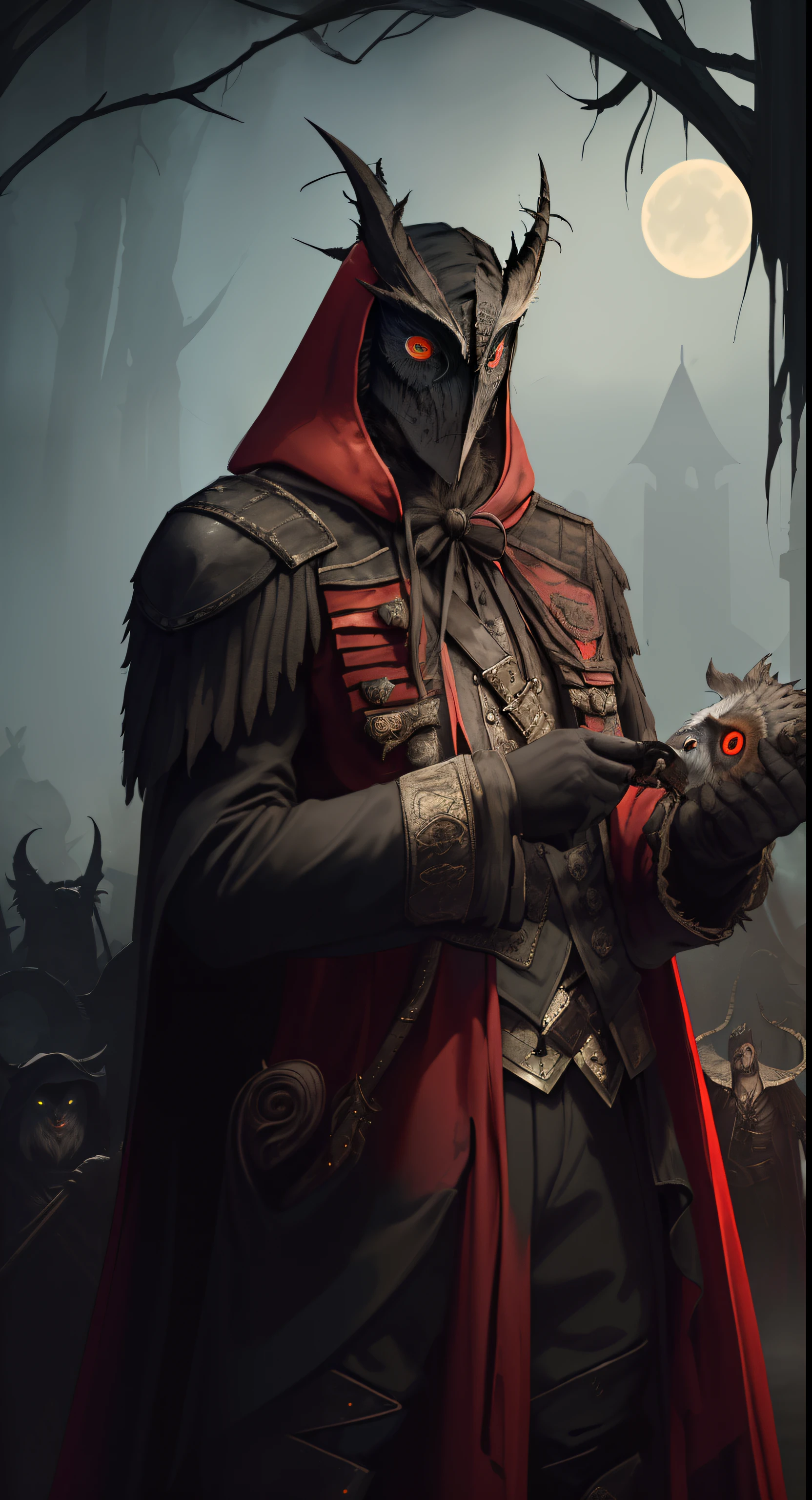 there is a man in a horned mask standing in front of a man, nite - owl, owl wizard, from vermintide 2 video game, owl wearing black biker jacket, owl mask, thief red riding hood, trending on artstation.', owlbear, more details, wearing cultist red robe, unreal engine character art, portrait of a bloodborne hunter