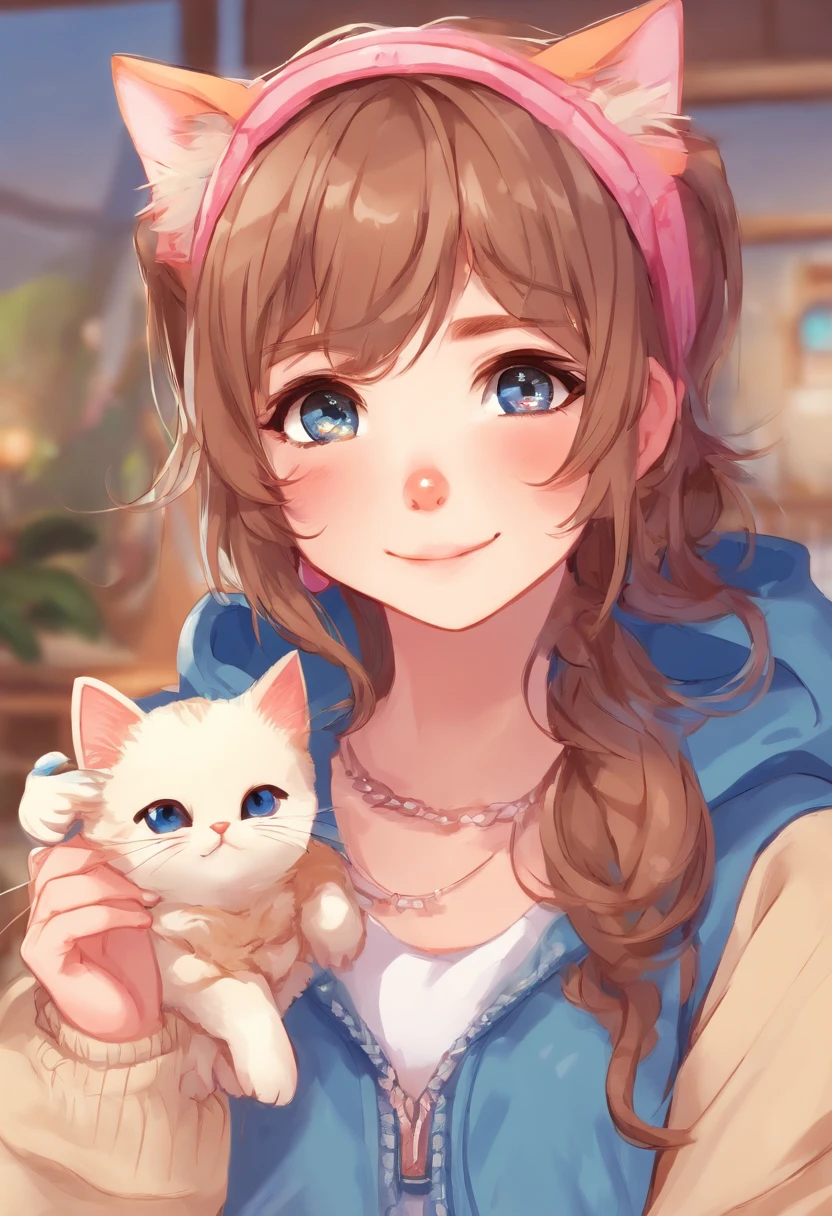 Soft, cute cat girl with brown hair wearing a loose blue sweater, adorable, has cat fangs and a blusy look on her face