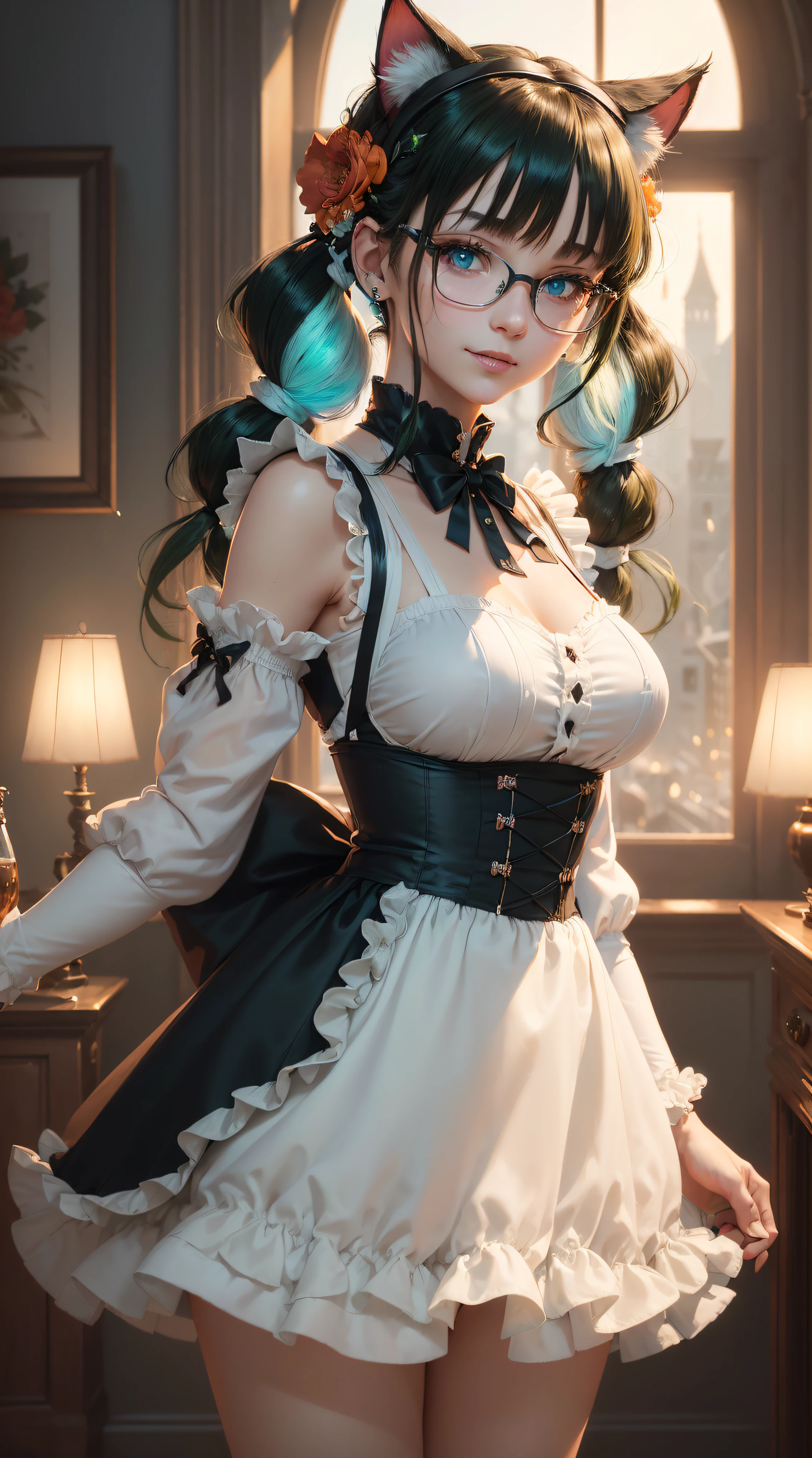 BLACKLIGHT, ((NSFW)), realistic art, extremely delicate and beautiful, ultra-detailed, (1girl), blue eyes, floating, detailed light, illustration, dynamic angle, depth of field, ((((milf)))), girly, long hair, ((green and black hair, multicoloured hair, green highlights hair, twin tails, hair ornament, hair flower, flower, makeup, braid, smile)), vampire eyes, showing fangs, pale white skin, (((best quality, 1girl, (skindentation), (blur background:0.6), City background, (casual yet stylish, elegant cloth, glasses, Cat ears, Cat tail, Cat eyes, roswaal mansion maid uniform, solo, maid, cyan blue eyes, short hair,bow hairband, hair between eyes, detached sleeves, looking at viewer, red hairband,ribbon, bangs, looking back, bow, orange hair,red ribbon, black sleeves, window, long sleeves, apron, white bow, frills,ribbon trim), gorgeous, (short hair:1.5), soft lighting, wind, (front light:1.5), surprised, choker, smile, jewelry, earrings))), (ultra high res, best quality,), (8k, raw photo, best quality, masterpiece), technological sense, best quality, masterpiece, illustration,CG ,unity ,wallpaper, official art, Amazing, finely detail, an extremely delicate and beautiful,extremely detailed, highly detailed, sharp focus,rich background, (real person,photograph), ((high detailed skin)),