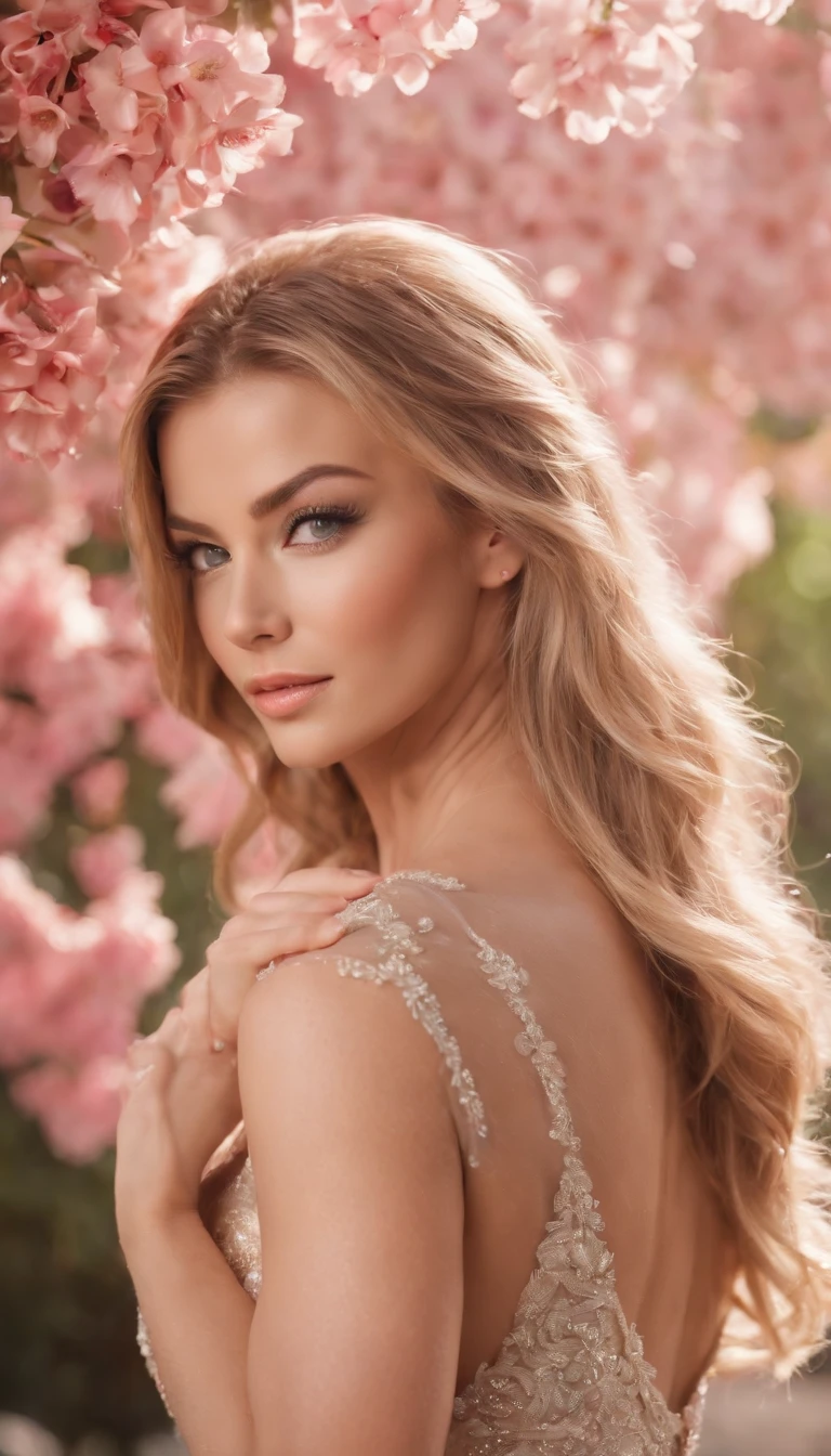 face of carmen electra, best quality, masterpiece, highres, (exquisite body:1.5),gorgeous face, (milky skin:1.3), intricate details, high resolution, wallpaper, 1girl, solo, dress, hair ornament, flowers, long hair, blonde hair, smile, jewelry, short sleeves, hand up, big eyes, sexy ass, behind, schoolgirl uniform, mini skirt, natural pose, falling petals, indoor, fanning, lantern, 16K, HDR, depth field, (film grain:1.1), boken, golden hour, (lens flare), vignette, rainbowing, (color grading:1.5)