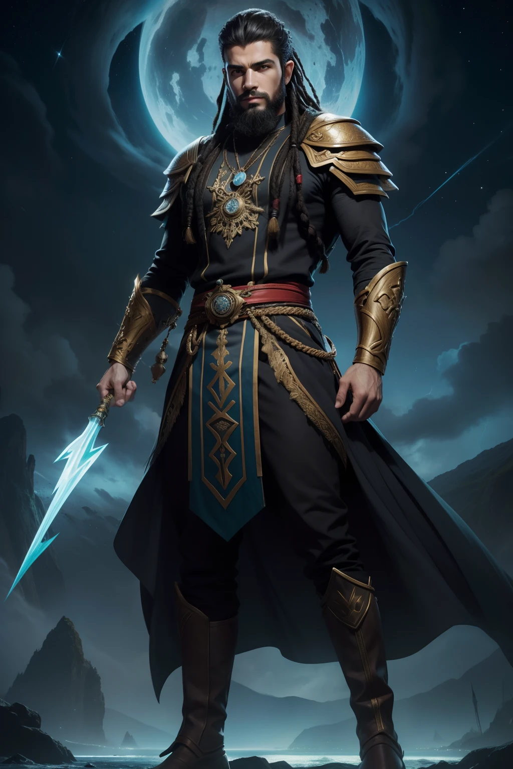 , Moreno, de cabelo afro cabelo caindo para frente, Rasta type but braided,tiro de corpo inteiro, Olhos firmes, olhando para frente, Lightning in the sky, arms extended, olhando para frente, parado no topo   um homem com uma roupa preta em frente a uma cachoeira, personagem de fantasia complexa, personagem de fantasia hiperdetalhado, Skinny Masculino Fantasia Alquimista, guerreiro masculino, um elfo macho, personagem de fantasia digital, masculino bonito, arte do personagem masculino humano, personagem de fantasia, personagem masculino, retrato masculino da fantasia, conceito de personagem de fantasia heroica, trending in the artstation, Amazing 8K full-body shot character concept art, olhos firmes, olhando para frente, lightning in the sky, arms extended, olhando para frente, parado no topo de uma montanha, manto e capa vermelhos, cruz brilhante no ar. ,arte de luz neon, No escuro da noite, Um navio alto navega pelos mares iluminados pela ,lua, Estrelas, colorido, circunstan