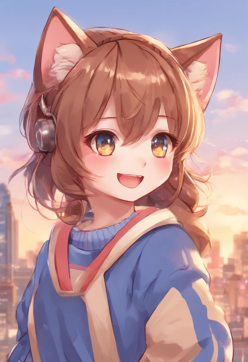 Soft, cute neko with brown hair wearing a loose blue sweater, adorable, has cat fangs and a blusy look on her face