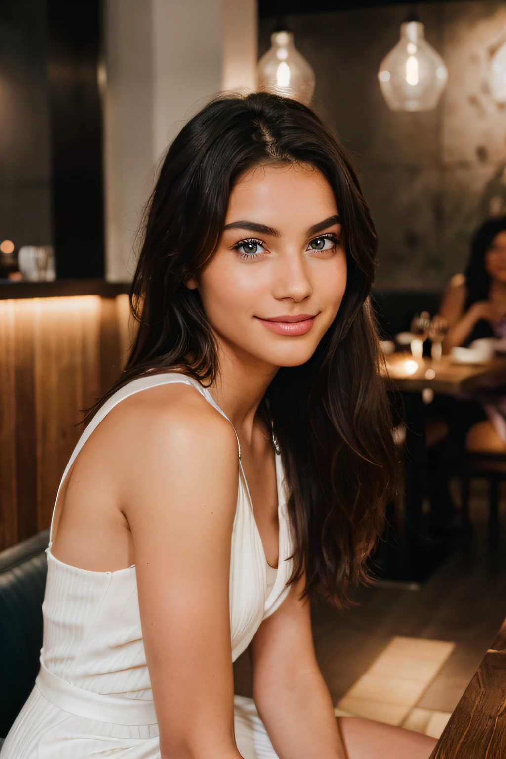 Cute beautiful indian 24 years old girl sitting a modern cafe, her eyes was brown hazel sehr detailliert, 14 Jahre alt, unschuldiges Gesicht, naturally wavy hair, blaue Augen, high-res, Meisterwerk, best qulaity, komplizierte Details, sehr detailliert, scharf Fokus, detaillierte Haut, realistische Hauttextur, Textur, detaillierte Augen, professionell, 4k, charming smile, aufgenommen mit Canon, 85 mm, light depth of field, Kodak Vision-Farbe, perfectly fitting body, extrem detailliert, Foto_\(ultra\), fotorealistisch, realistisch, Nachbearbeitung, maximale Details, Rauheit, echtes Leben, ultrarealistisch, Fotorealismus, Fotografie, 8k uhd, Fotografie