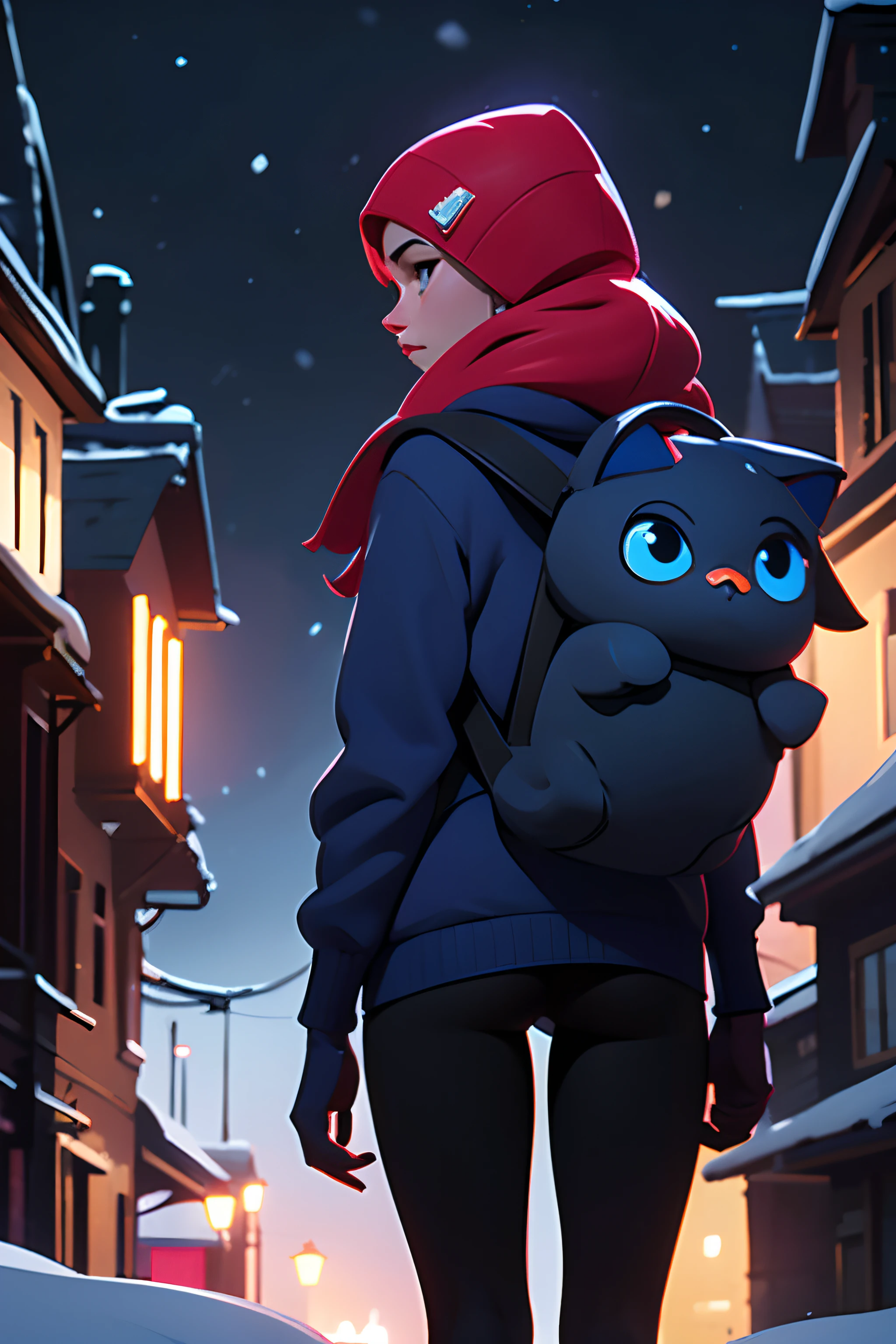 4k master piece, high detail, night time, dark, back view, exterior, a red haired girl with blue eyes, wearing a dark blue sweater and beanie, with black tights and wearing a cute cat backpack, walking through an empty snowy old village at night, looking back dark, scary, foggy and snowing, dynamic framing, dramatic pose