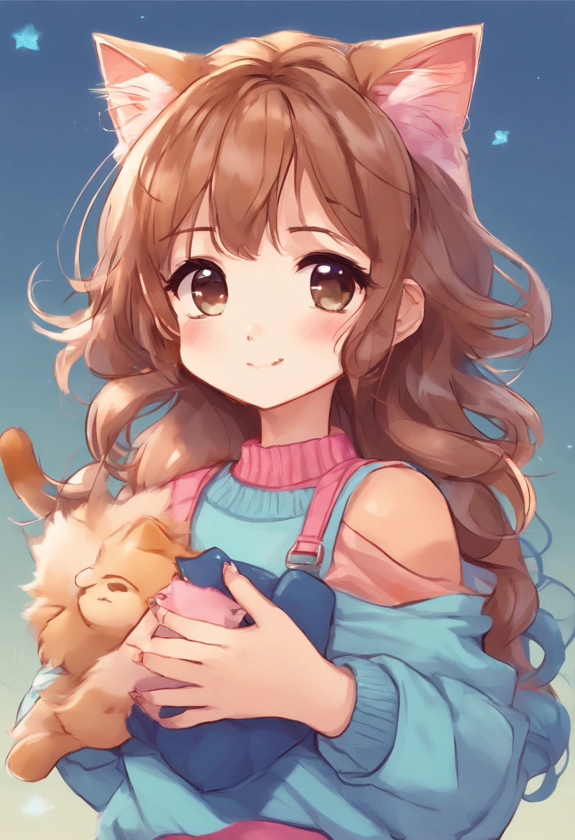 Soft, cute cat girl with brown hair wearing a loose blue sweater, adorable, has cat fangs and a blushy look on her face