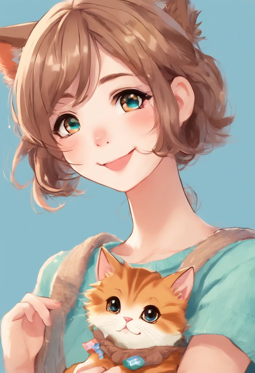 Soft, cute adult neko with brown hair wearing a loose blue sweater, adorable, has cat fangs and a blusy look on her face
