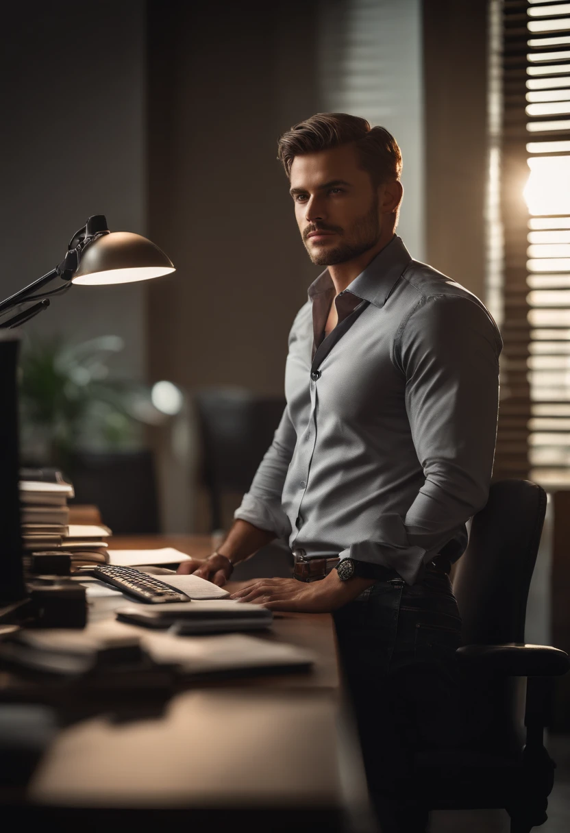 photo of (Man), RAW, man of average beauty, (short hair, gray brown, straight/wavy), in office, leaning against desk, social clothing, unbuttoned shirt, (full body :1.3), (masterpiece) (perfect aspect ratio)(realistic photo)(best quality) (detailed) (8k) (HDR) (wallpaper) (cinematic lighting) (sharp focus) (intricate)