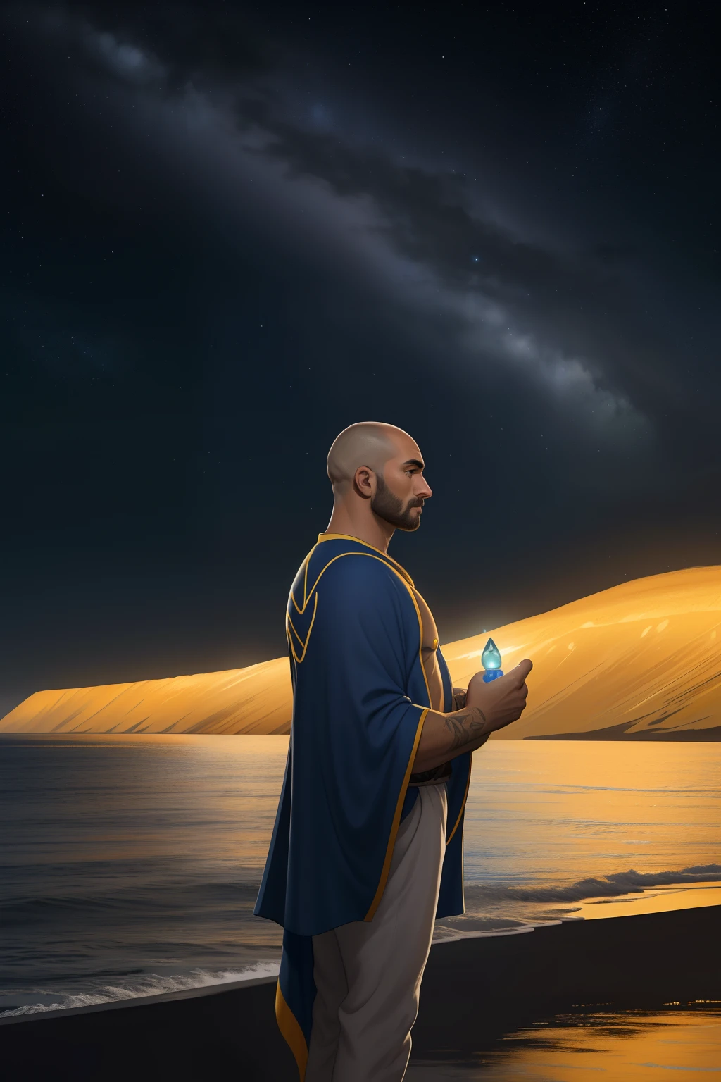 homem careca sem cabelo de os olhos verdes , iluminados pela lua, nuvem, lua, Estrelas, colorido, circunstanciado, 4k Jesus, tiro de corpo inteiro, olhos firmes, olhando para frente, lightning in the sky, arms extended, olhando para frente, parado no topo de uma montanha, manto e capa vermelhos,azul, e amarelo, laranja, cruz brilhante no ar arte de luz neon, No escuro da noite, Um navio alto navega pelos mares iluminados pela lua, nuvem, lua, Estrelas, colorido, circunstanciado, 4k