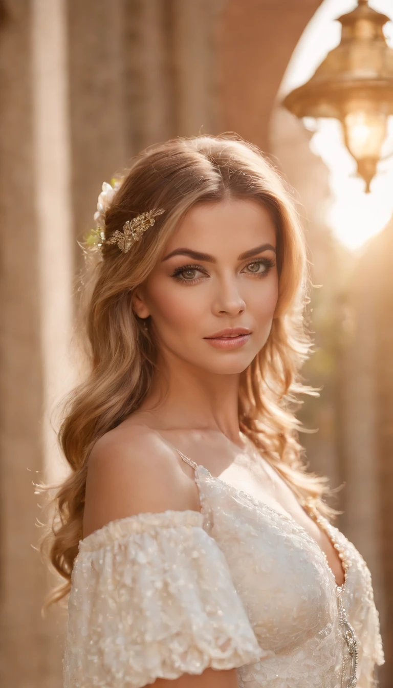 face of carmen electra, 35 years old, best quality, masterpiece, highres, (exquisite body:1.5),gorgeous face, (milky skin:1.3), intricate details, high resolution, wallpaper, 1girl, solo, dress, hair ornament, flowers, long hair, blonde hair, smile, jewelry, short sleeves, hand up, big eyes, sexy ass, behind, schoolgirl uniform, mini skirt, natural pose, falling petals, indoor, fanning, lantern, 16K, HDR, depth field, (film grain:1.1), boken, golden hour, (lens flare), vignette, rainbowing, (color grading:1.5)