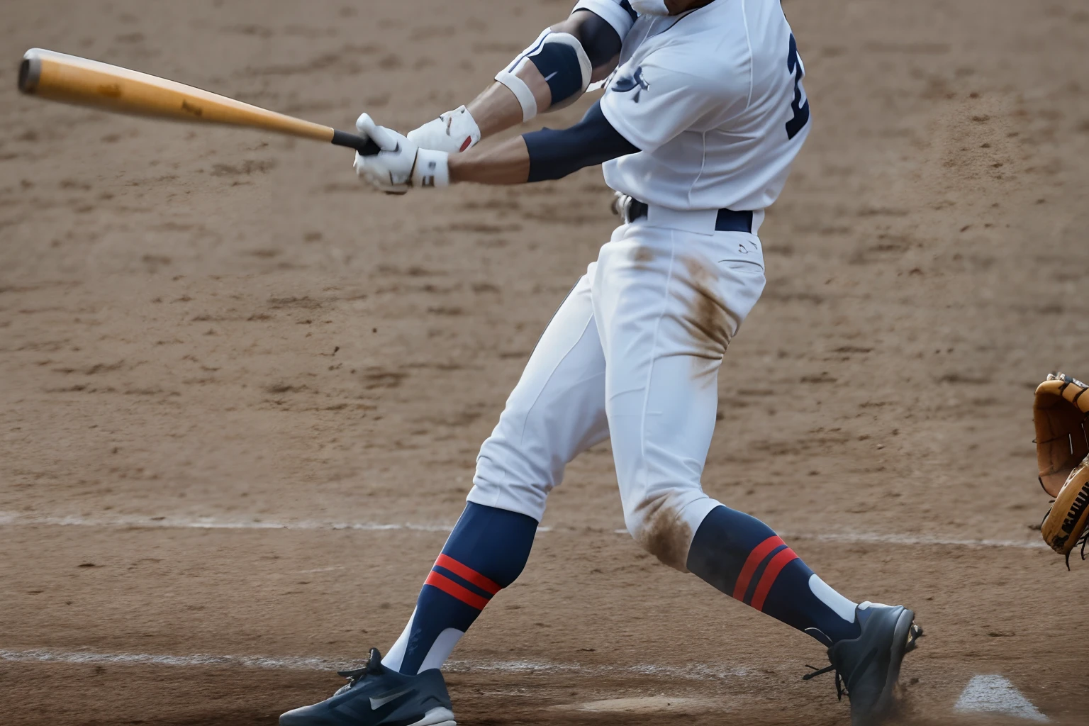 There is a baseball player swinging a bat towards the ball, action SHOT, holding baseball bat,Sharply detailed, leg shot, Baseball, Concentration, Baseball bat, ( Greg Rutkowski ), dynamic action shot, Mid-shot photography, dramatic action shot, middle close up shot,beautiful detail