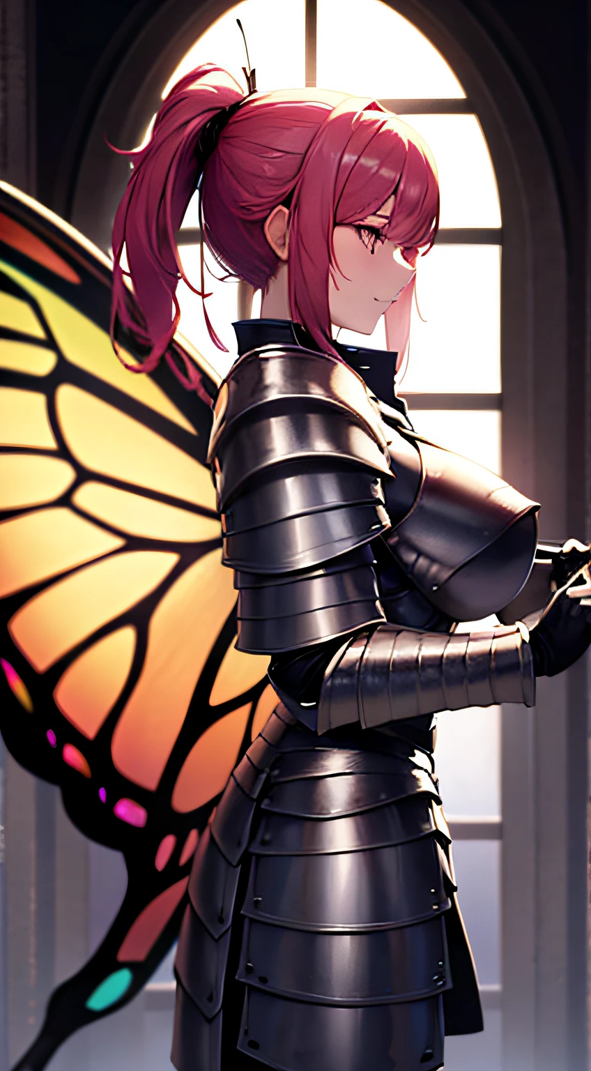 just 1 woman, short hair, pink hair, knight armor, 2 big butterfly wings, ponytail, no nsfw, (knight armor), (big butterfly wings), wing, sfw, fully dressed, metal armor, sword, holding sword