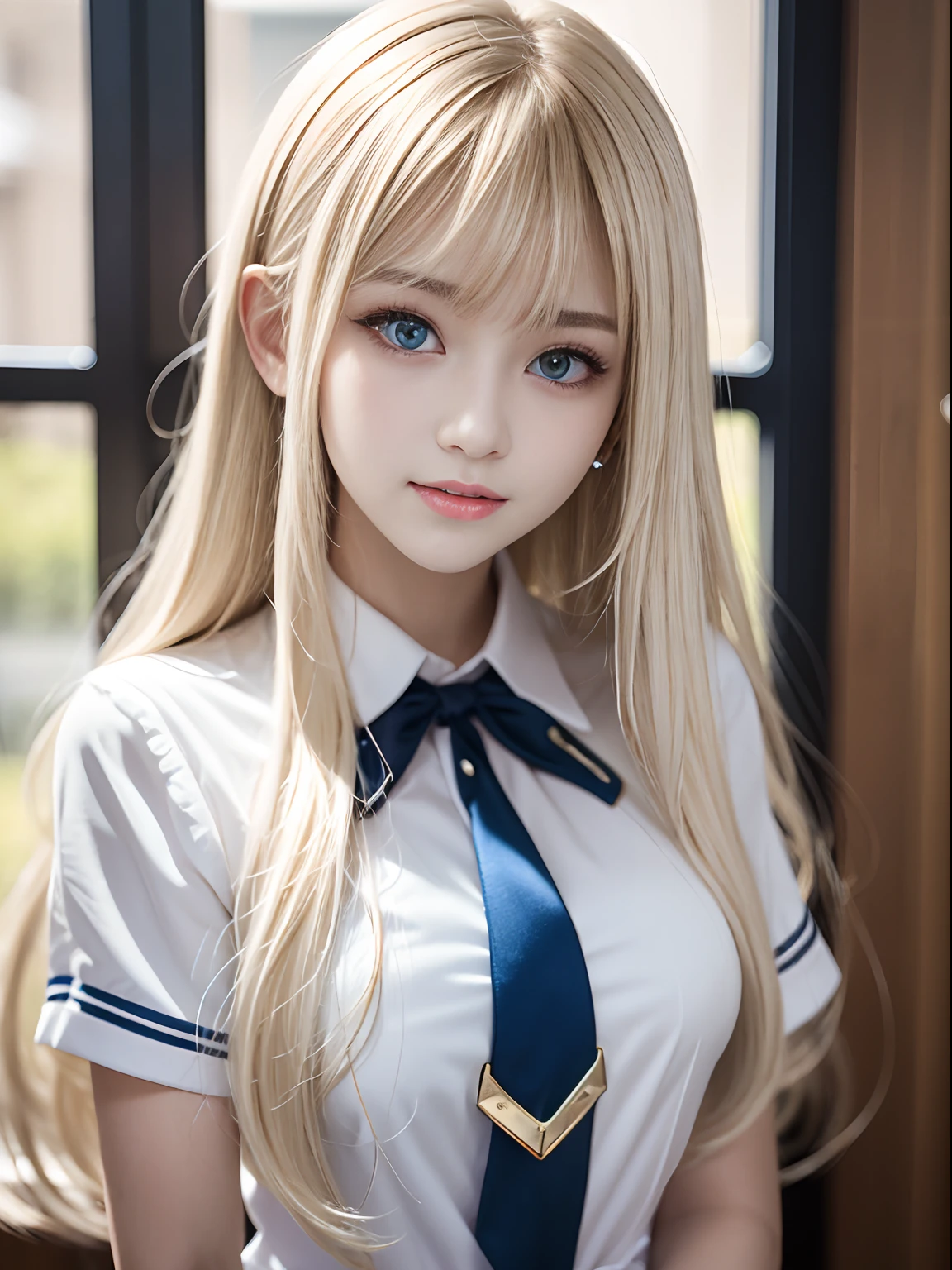 portlate、School Uniforms、bright expression、Young shiny shiny white shiny skin、Best Looks、Blonde reflected light、Platinum blonde hair with dazzling highlights、shiny light hair,、Super long silky straight hair、Beautiful bangs that shine、Glowing crystal clear attractive big blue eyes、Very beautiful nice cute girl、Lush bust、