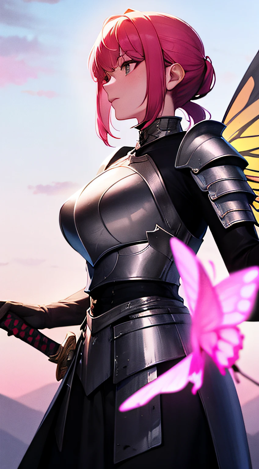 just 1 woman, short hair, pink hair, knight armor, 2 big butterfly wings, ponytail, no nsfw, (knight armor), (big butterfly wings), wing, sfw, fully dressed, metal armor, sword, holding sword