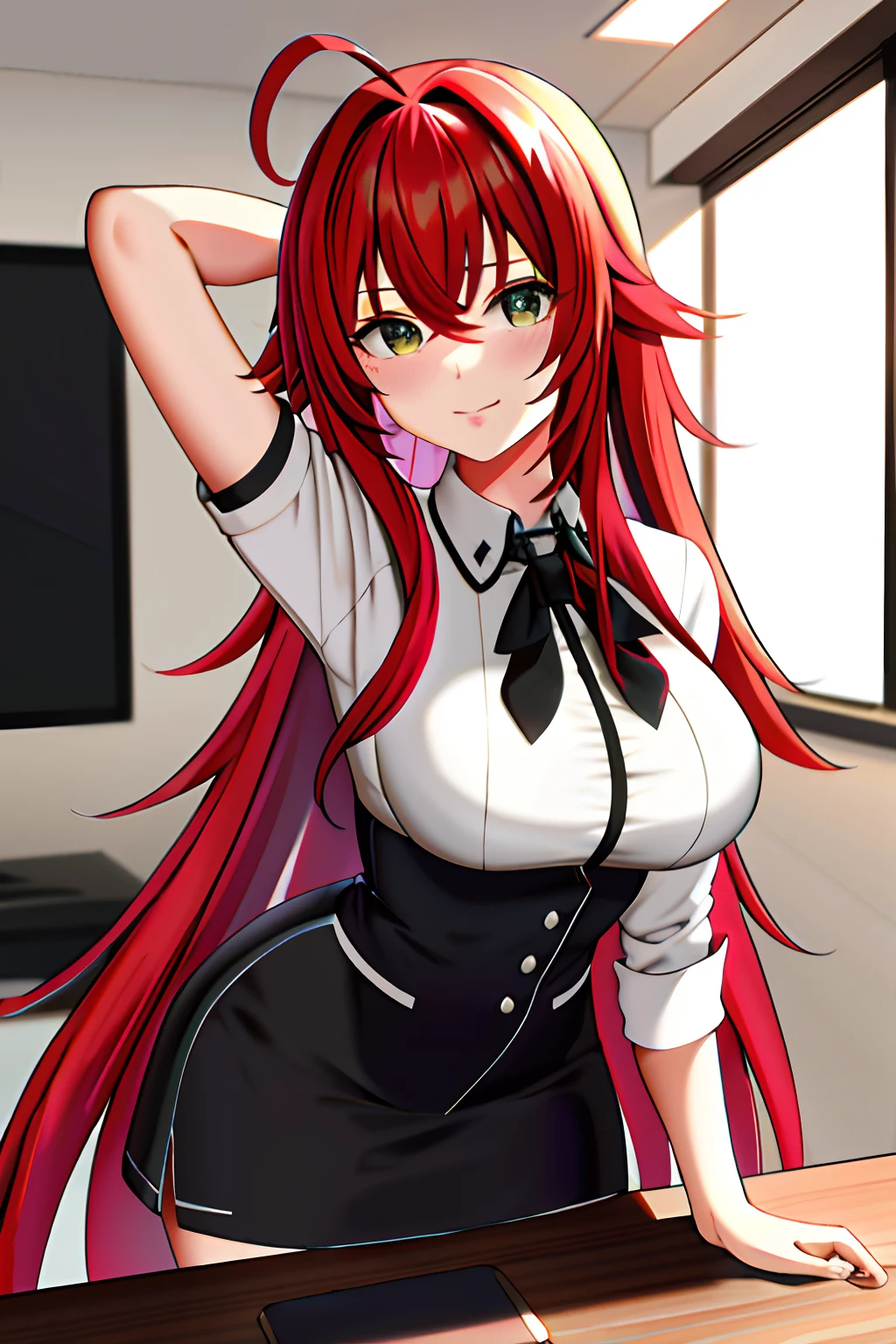 master part, best quality, Altas, best quality, Altas, Rias Gremory, 1girl, cabelos longos, Uniforme escolar, red hair, Ahoge, olhos azuis, seios grandes, cabelos muito longos, seios, saia, enorme Ahoge, Meias, sentado, s office, cadeira, mesa, computador,