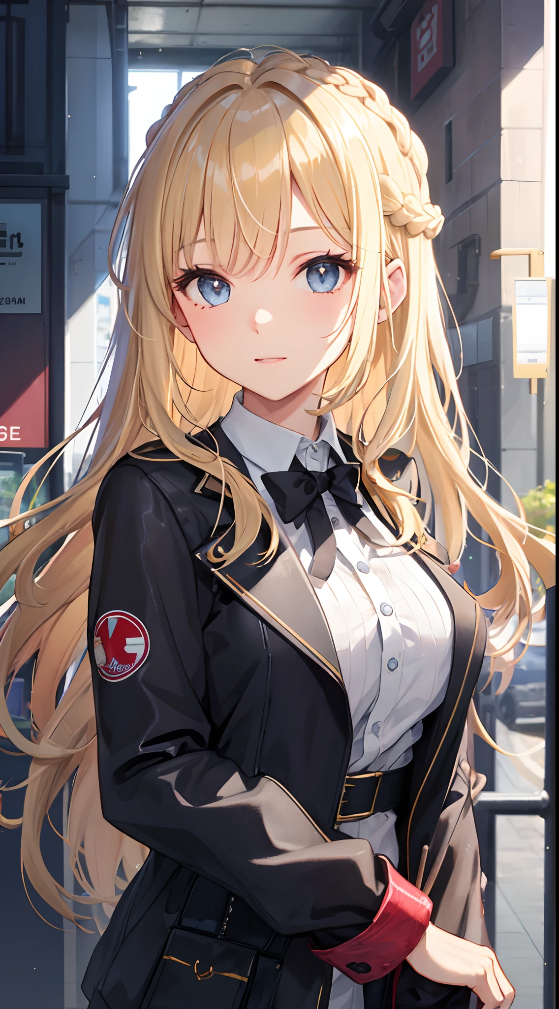 1girl, french braid, blonde hair, gray eyes, sparkling eyes,