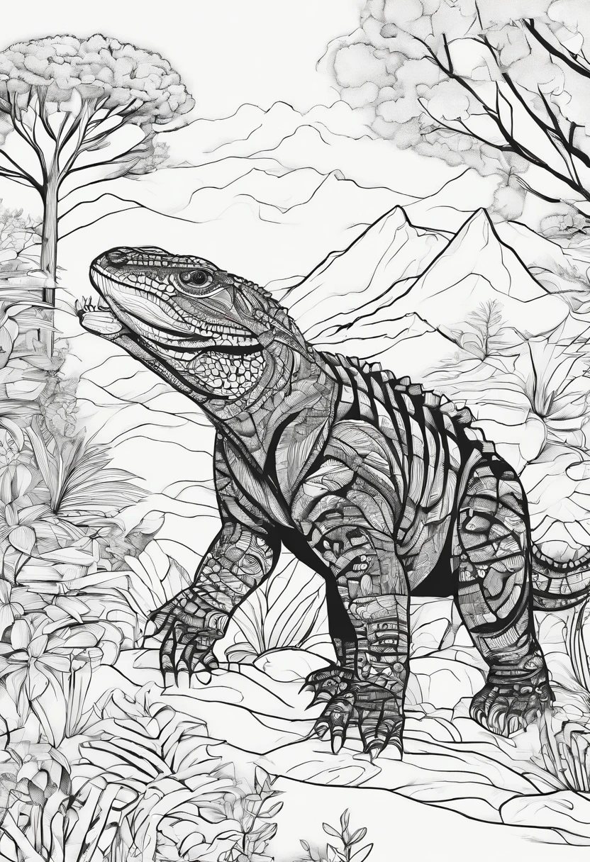 A coloring page, sem cor, tiranossauro rex em uma selva, estilo desenho animado, preto e branco, detalhes baixos, sem sombreamento