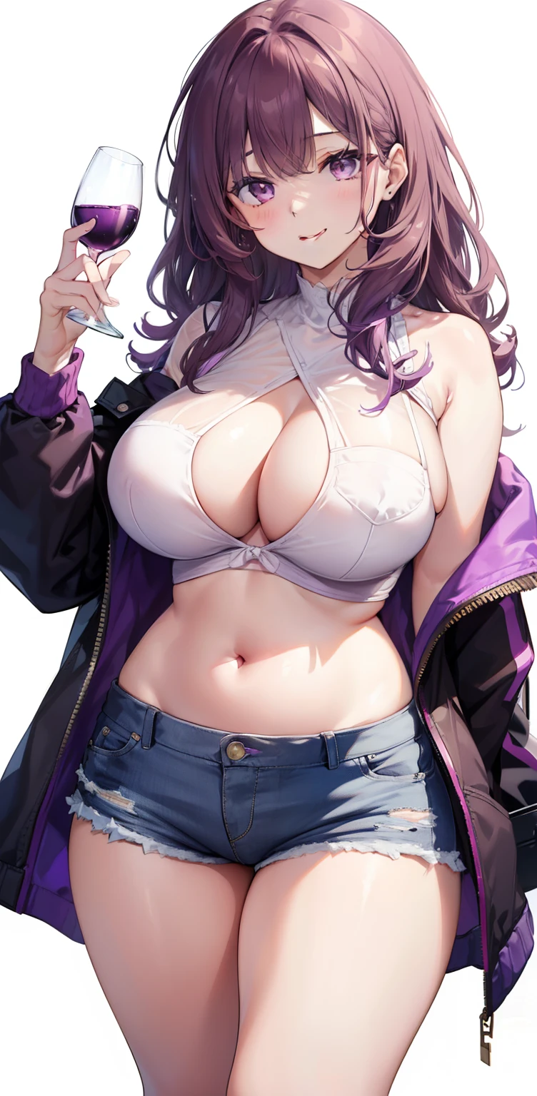 (sketch drawing), (close up), (adult body), (ashamed), (shy), (eyebrow), (nose), (normal ear), ((mouth, smiling, lips)), ( chest a little big), (thick legs), pretty legs, (big thighs), pretty thighs, (pink cheeks), (open white shirt), (purple bra), (showing belly), (perfect belly), (shorts short jeans), (purple hair), (purple eyes), (tongue out), (large loose purple brown hair), (bangs), (details in locks), (white background), (holding a glass), ( one hand pocket)