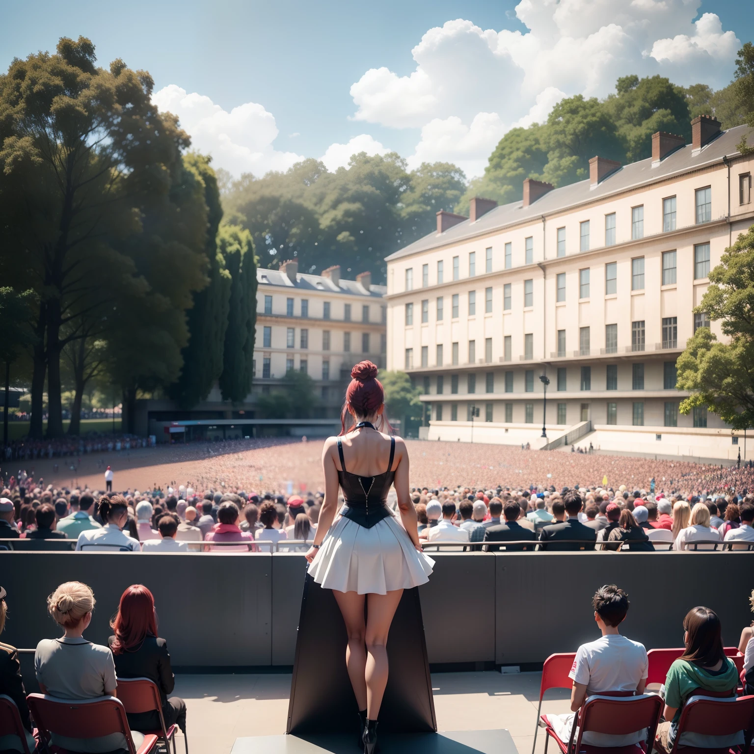 Rear view of a podium , De frente para uma plateia no parque
Em Londres, Estilo anime, anime, audience seeing, audience watching,