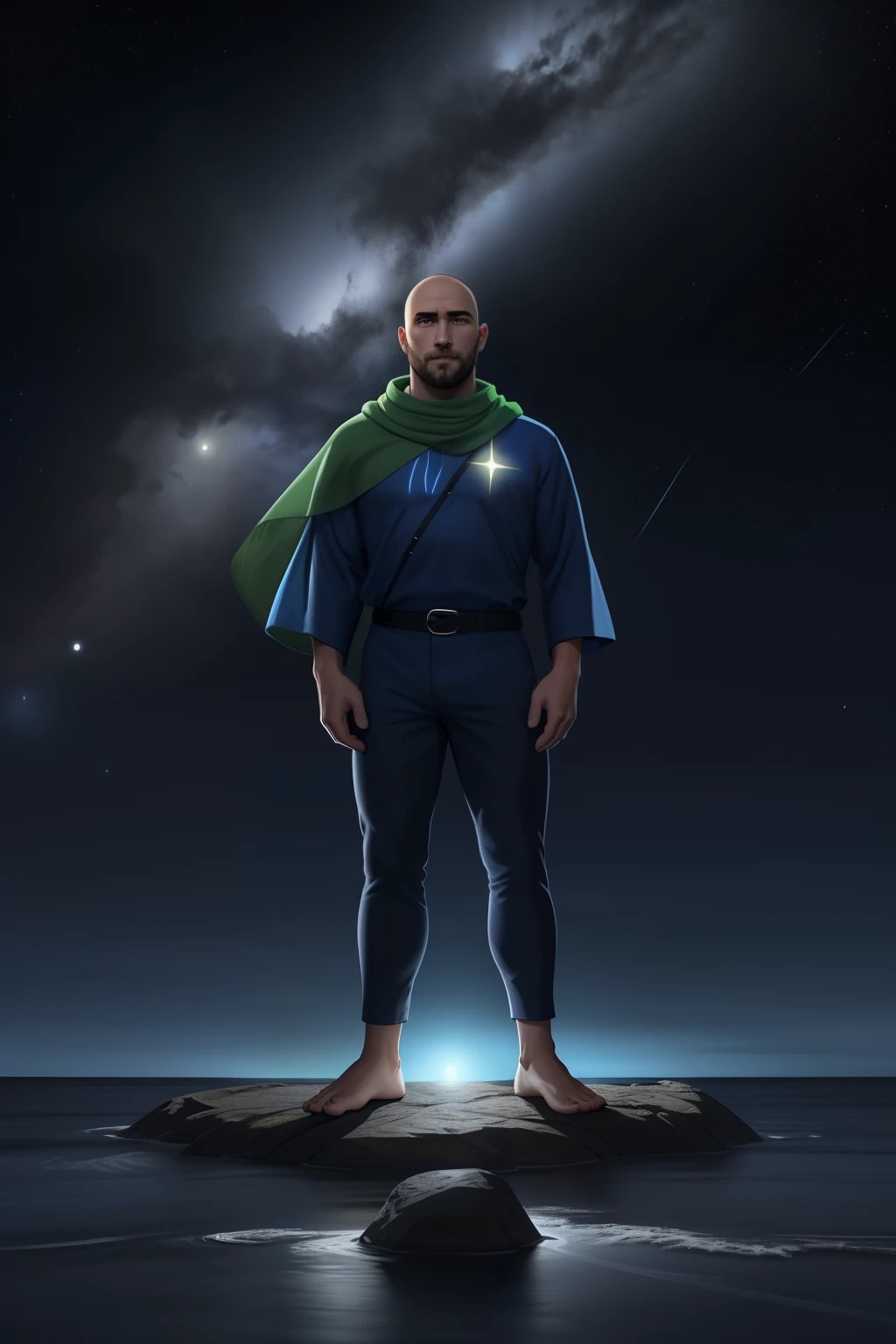 homem careca sem cabelo de os olhos verdes , iluminados pela lua, nuvem, lua, Estrelas, colorido, circunstanciado, 4k Jesus, tiro de corpo inteiro, olhos firmes, olhando para frente, lightning in the sky, arms extended, olhando para frente, parado no topo de uma montanha, manto e capa vermelhos,azul, e amarelo, laranja, cruz brilhante no ar arte de luz neon, No escuro da noite, Um navio alto navega pelos mares iluminados pela lua, nuvem, lua, Estrelas, colorido, circunstanciado, 4k