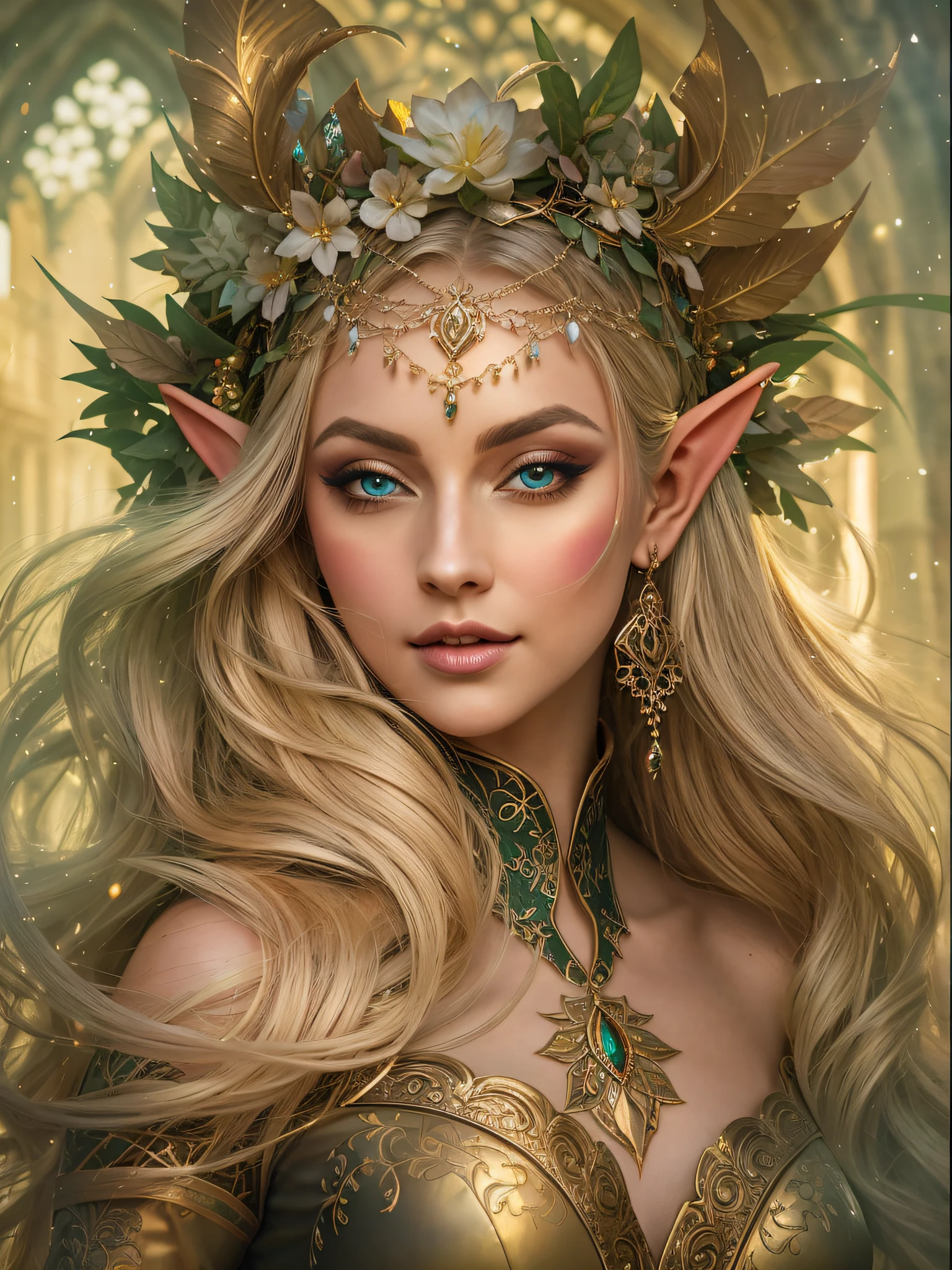(Masterpiece,  Vibrant colors, Fantasy theme:1.3), An enchanting photograph of a stunning blonde elven woman with long, flowing hair adorned in an exquisite and intricate hairstyle. Her captivating green eyes sparkle with a hint of mischief, framed by thick, beautifully drawn black eyebrows. Her luscious, voluminous lips add to her allure, perfectly complementing her flawless skin.

Her voluptuous and alluring figure is accentuated by a short and tight elven outfit that elegantly drapes her body, leaving little to the imagination. The elf's perfect form is highlighted as she confidently walks along a narrow, deserted medieval street, illuminated by the warm glow of the setting sun. The sunlight reflects directly on her, casting a radiant glow on her entire being.

With a provocatively confident and piercing gaze, she exudes bravery and a sense of allure. Her aura is one of untamed grace and allure, capturing the essence of her elven heritage.

The medieval street exudes a sense of timeless beauty, with cobblestone paths and ancient architecture, adding to the enchanting atmosphere of the illustration. The absence of movement on the street enhances the focus on the captivating elven beauty.

The colors of the photograph are vibrant, with rich hues that add depth and life to the scene. The combination of warm and cool tones creates a harmonious balance, enhancing the magical ambiance of the artwork