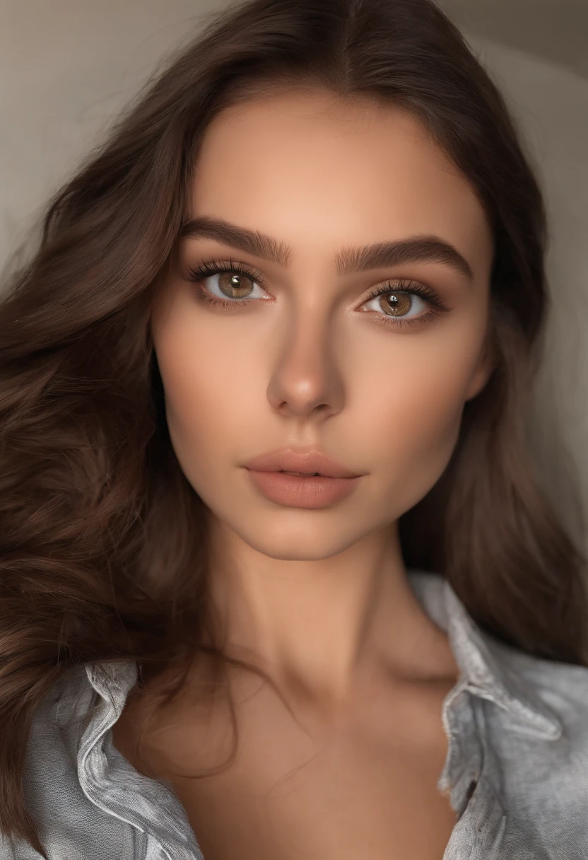 woman, early 20s, model, sexy girl with brown eyes, ultra realistic, meticulously detailed, portrait sophie mudd, brown hair and large eyes, selfie of a young woman, bedroom eyes, violet myers, without makeup, natural makeup, looking directly at the camera, face with artgram, subtle makeup, stunning full body shot kneeling on bed, in bedroom, medium to large size bust