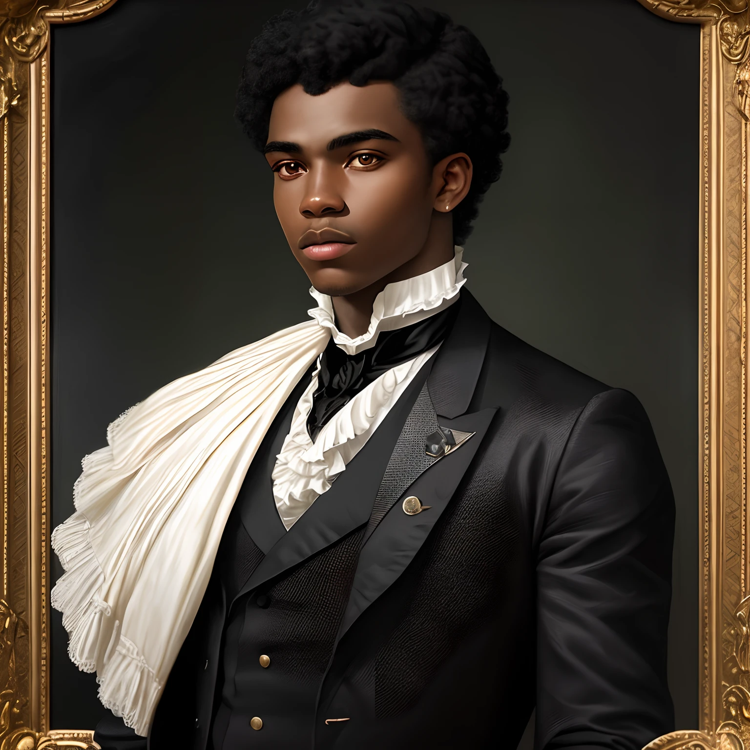 masterpiece stunning masculine strong black man about 18 years old, wearing british regency man outfit, short black hair, expressive big black eyes, louis allen III, looking up, (sunny regency london background), full body, cover, hyperdetailed painting, luminism, Bar lighting, complex, 4k resolution: a stunning realistic photograph 30 years