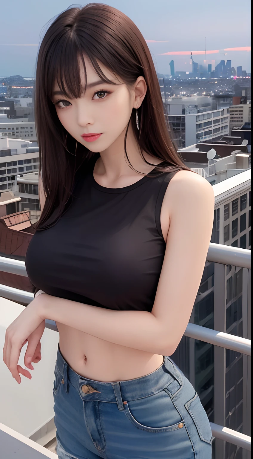 (UHD, retina, masterpiece, accurate, anatomically_correct, textured_skin, super_detail, high_details, high_quality, best_quality, high_res, 1080P, HD, 4K, 8k, 16k), (beautiful_detailed_eyes, beautiful_detailed_lips, extremely_detailed_eyes_and_face), soft_lighting, physically-based_rendering, vivid_colors, (large_breasts:1.5), (shiny_hair, shiny_skin, tanned_skin, blush), (bangs:1.5), eye_reflection, (station, railway, bokeh), semi-profile_view, (deep_fog, blue_atmosphere, combat_jacket, tank_top:1.5),