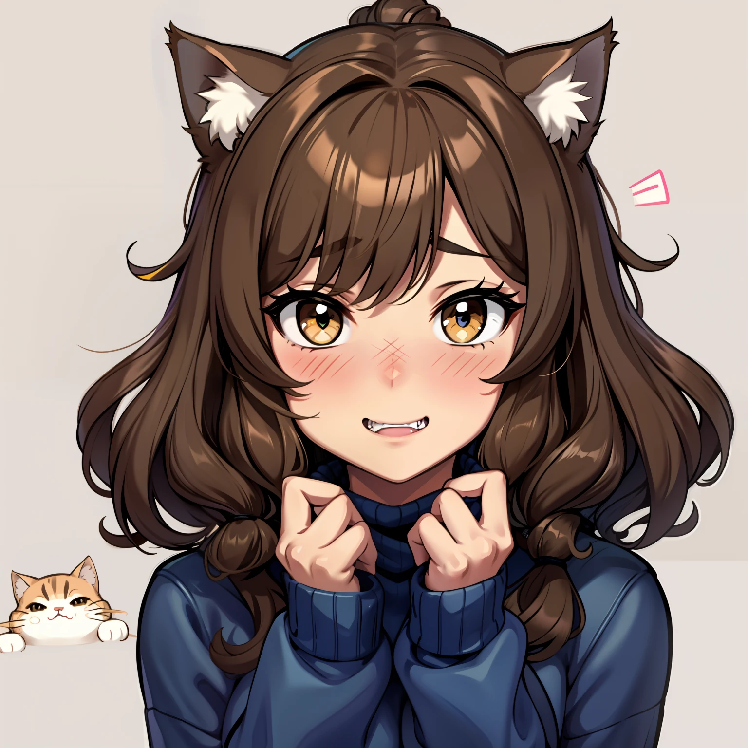 Soft, cute adult neko with puffy brown hair wearing a loose blue sweater, adorable, has cat fangs and a blushy look on her face