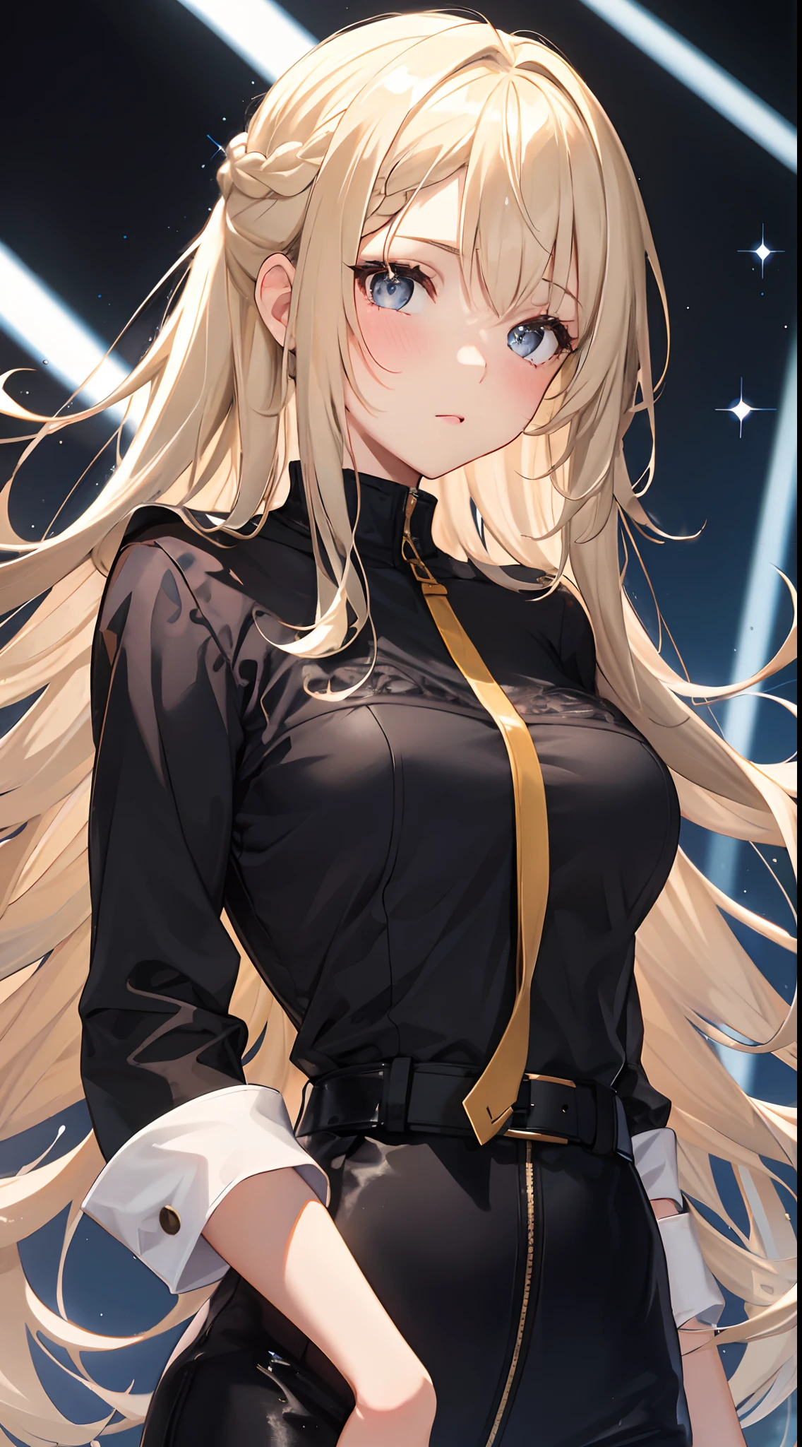 1girl, long hair, french braid, blonde hair, gray eyes, sparkling eyes, black clothes,