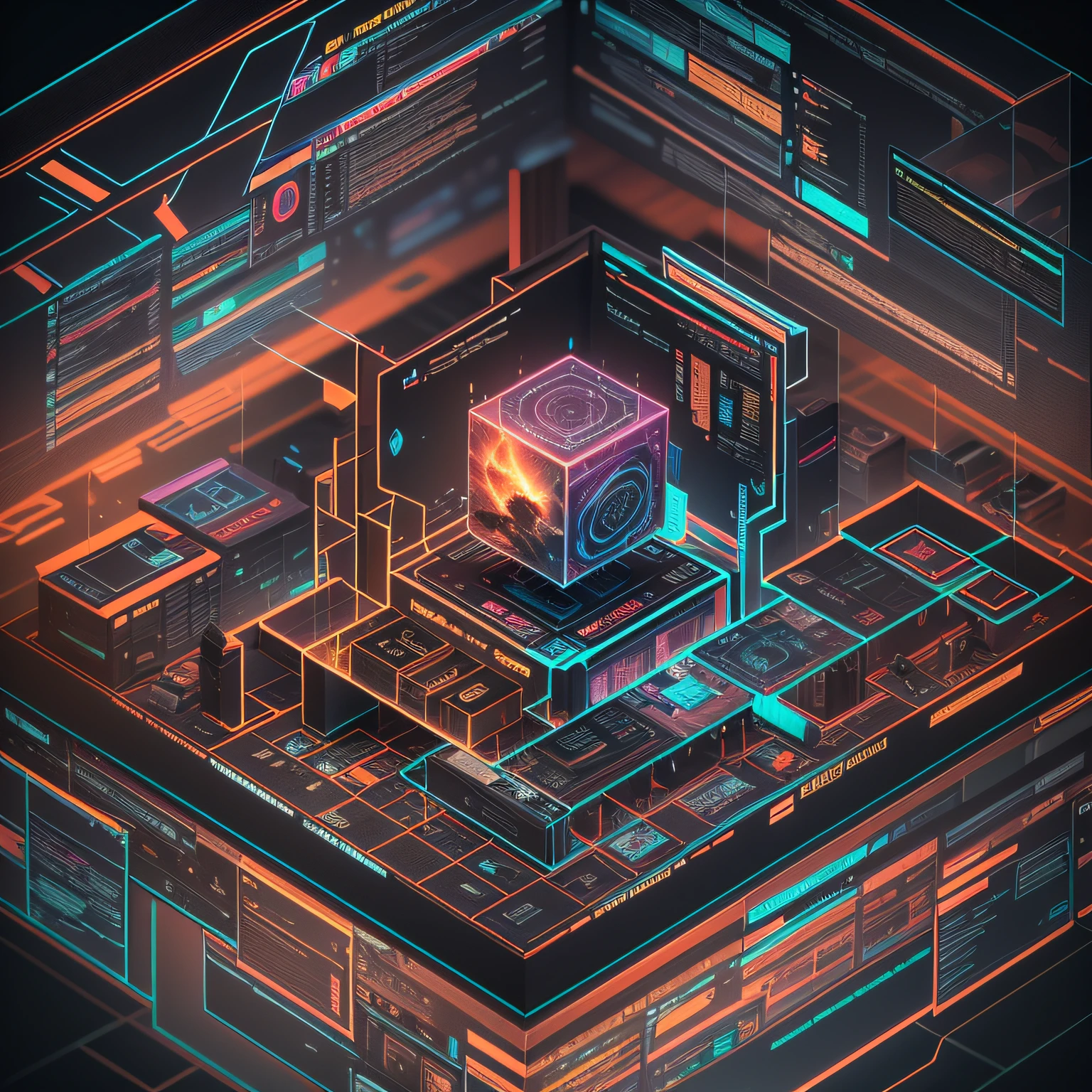 Awesome Artificial Intelligence Next Generation Raytraced 3D Octane Render "ALLUXION" Isometric Logo, Cosmic Web Developer Galactic Graphic Artist PsyTrance Producer & DJ, Energetic Radiant Vibrant, Rich Saturated Colors framed in an isometric frame, black background